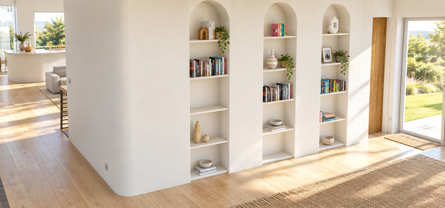 A high-end architectural photograph of the minimalist interior during a bright summer midday, maintaining the exact perspective, layout, and geometry of the original image. Strong, natural sunlight floods the room, casting crisp, realistic shadows and highlighting the matte chalky texture of the curved white walls and arched niches. The light wood flooring shows subtle grain, gentle reflections, and natural micro-imperfections. Books, ceramics, and decor on the shelves display lifelike surface textures, ranging from semi-gloss glazes to paper finishes, illuminated by warm, high-angle daylight. The exterior greenery through the glass door glows vibrant and slightly overexposed in the summer heat, captured with a sharp wide-angle lens, natural depth of field, and balanced exposure.