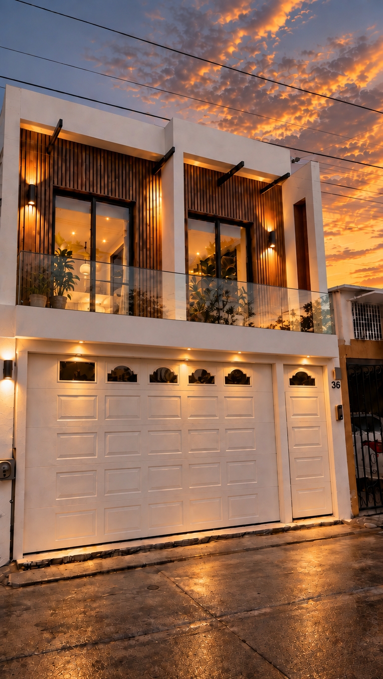 A realistic twilight architectural photograph capturing this modern two-story townhouse from the identical low-angle street perspective, replacing the solid low parapet beneath the upper floor with a sleek, frameless clear tempered glass railing showing faint sunset reflections. The scene is illuminated by the dramatic, golden-orange cloud-filled dusk sky contrasting against cool overhead tones, alongside warm 2700K ambient sconce lighting grazing the vertical timber slat cladding and white paneled garage door. Real-world physical details include crisp edge definitions, subtle surface imperfections on the pavement, realistic light spill, natural micro-textures on painted masonry and wood, and faint optical lens vignetting.