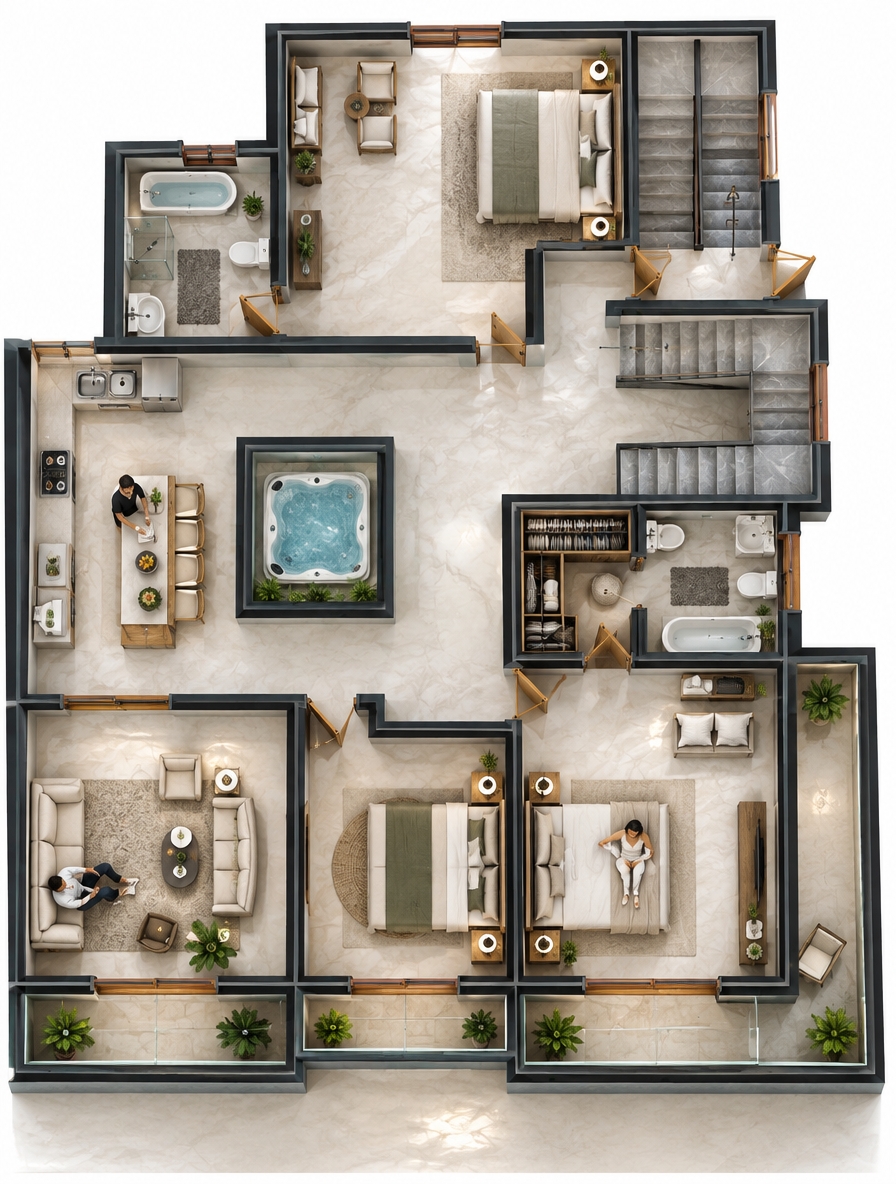 An orthographic top-down architectural photograph of the furnished modern luxury apartment floor plan, exactly preserving the layout, wall positions, room divisions, and door placements. The interior features gleaming polished marble tile flooring reflecting soft natural sunlight coming through the balcony windows, smooth vibrant-toned plastered walls, and high-end contemporary furnishings precisely matching the indicated layout in the bedrooms, living rooms, and open kitchen. Naturally posed people are visible inhabiting the spaces, relaxing in the salon, preparing food in the kitchen, and resting in the bedrooms. The scene is evenly illuminated with clean daylight balanced by warm ambient interior lighting, captured with crisp architectural precision, deep depth of field, sharp edge definition, and subtle realistic surface reflections.