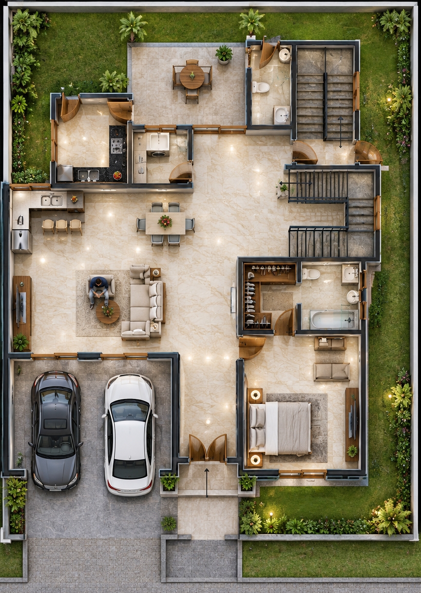 A sharp, top-down architectural photograph of the fully realized three-dimensional cutaway floor plan precisely maintaining the original layout and perspective. The interior showcases luxury, high-end appointments, featuring radiant high-gloss polished marble floor tiles with soft ambient reflections, vibrant crisp-painted walls, and detailed contemporary furnishings in the living room, open kitchen, and master suite. Realistic people are naturally positioned inside the living area, kitchen, and bedroom. The garage holds two modern cars, while the perimeter courtyards feature manicured landscaping and textured paving. Balanced daylight mixes with warm interior recessed lighting under an orthographic architectural perspective, delivering sharp geometric fidelity, natural contact shadows, and authentic physical textures across all surfaces.