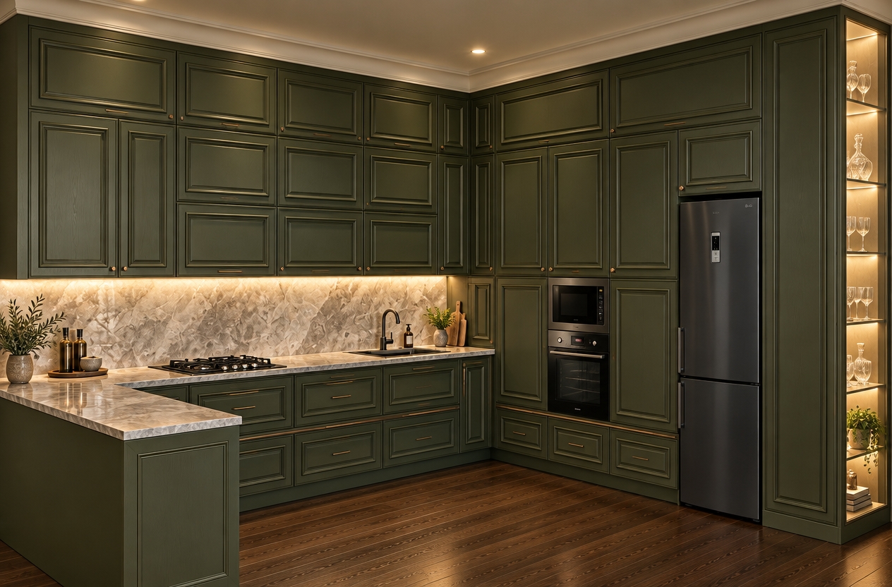 An architectural interior photograph capturing the exact kitchen layout, illuminated by warm, soft ambient room lighting. Warm LED strip lighting glows beneath the upper cabinets, casting gentle highlights across the polished stone countertop and textured marbled backsplash. The tall vertical glass vitrine on the right features integrated warm shelf illumination that sparkles through elegant crystal glassware arranged on the tiers. The matte olive-green paneled cabinetry displays realistic wood grain textures and subtle satin sheen, complemented by realistic reflections on the black built-in oven, microwave, and refrigerator. The dark hardwood floor exhibits rich timber texture and subtle ambient light reflections, captured with sharp edge-to-edge focus and natural photographic depth.