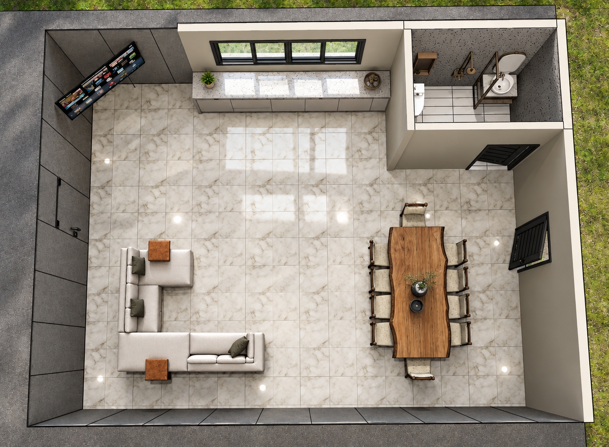 Top-down architectural photograph of the modern open-concept space, shot with a sharp overhead wide-angle lens in clean, bright daylight. The glossy floor tiles exhibit realistic high-sheen reflections, subtle surface imperfections, and crisp specular highlights from incoming natural window light. The kitchen features a polished, reflective countertop finish beneath the exterior windows, while the living area displays finely textured upholstery on the sectional sofa and rich, authentic wood grain on the live-edge dining table. Soft, natural ambient illumination fills the room, casting gentle, physically accurate contact shadows beneath the furniture and along the walls, captured with balanced exposure, neutral color temperature, and crisp photographic clarity throughout the frame.