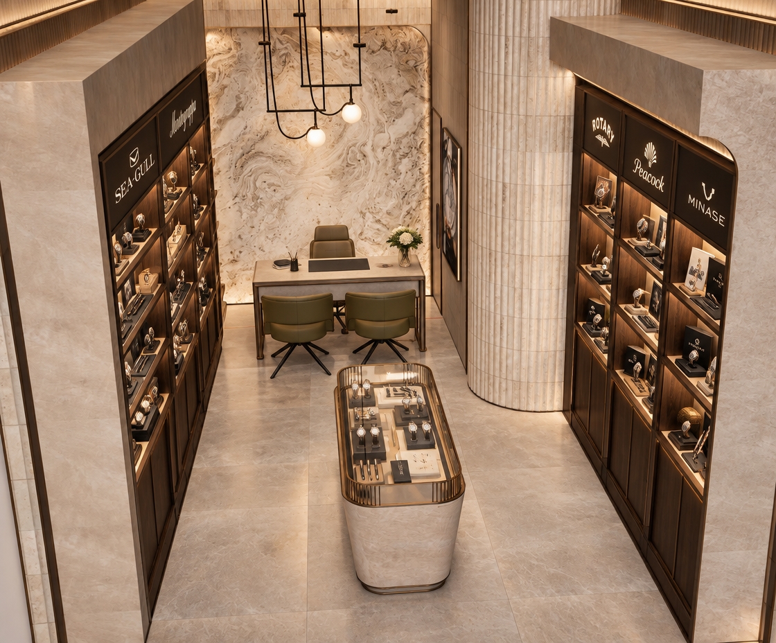 An architectural interior photograph of a luxury pen and watch boutique, faithfully capturing the exact high-angle composition, geometry, and layout of the space. The flanking dark walnut display shelving features integrated warm LED strip illumination softly highlighting timepieces and fine writing instruments, adorned with subtle refined category headers and logos for Sea-Gull, Montegrappa, Rotary, Peacock, and Minase. The back feature wall showcases polished swirling cream marble beneath sculptural black pendant globes emitting a gentle 3000K glow. Realistic surface micro-textures define the fluted travertine column, matte stone floor tiles, and the smooth glass and stone finishes of the central display island and consultation desk. Captured with a sharp 35mm tilt-shift perspective, natural dynamic range, realistic interior ambient shadows, and faint atmospheric lens vignetting.