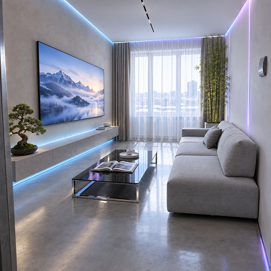 An incredibly lifelike, richly detailed, photorealistic wide-angle interior shot of a reimagined digital zen living room set in a serene urban high-rise during a crisp midday winter. The scene is illuminated by bright, cool natural light pouring through floor-to-ceiling sheer automated drapery, complemented by concealed linear ceiling coves and subtle cyan and violet neon backlighting, creating a tranquil, high-tech, and futuristic atmosphere. Captured with a 24mm architectural lens at eye level, emphasizing the seamless microcement floors, brushed steel fixtures, and ultra-smooth matte wall finishes, the space embodies uncluttered, innovative modernism. Where the TV once hung, a massive ultra-thin digital landscape wall art display transitions through tranquil, atmospheric mountain vistas, while the opposite wall features a low-profile, streamlined modular sofa in tailored ice-gray upholstery. In front, a sleek smoked-glass and polished chrome coffee table supports a curated, open architectural photography book and a minimalist white stone tray. Clutter-free floating consoles, smart hidden integration, cyberpunk-infused geometric neon accents, and a sculptural Japanese bonsai paired with a vertical indoor bamboo planter create a harmonious balance between organic peace and cutting-edge design, transforming the elongated room into an expansive, meditative sanctuary.