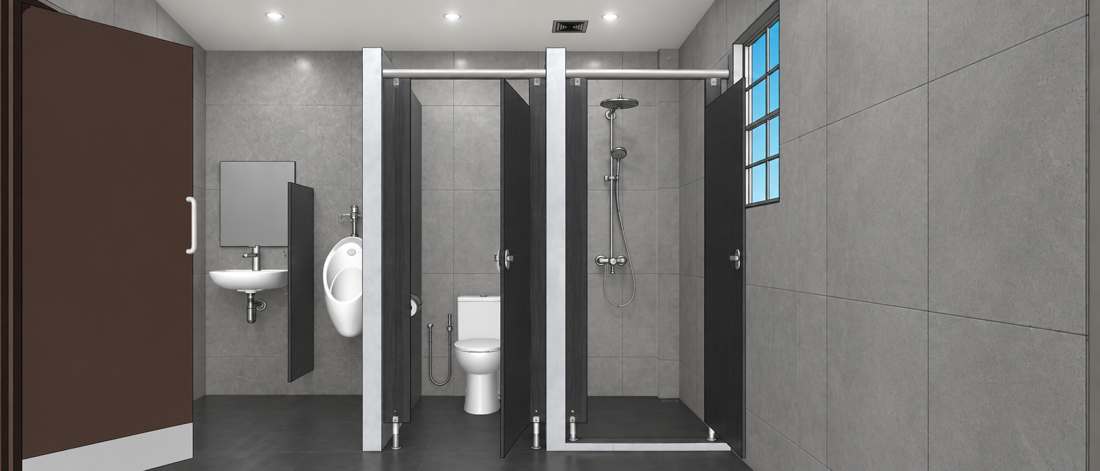 RENDER THE MATERIAL OF THE MODERN RESTROOM AS PER THE MATERIAL SPECIFICATIONS. SHOWER HEADS, TISSUE PAPER, FAUCET AND P-TRAP ARE OF STAINLESS STEEL. TOILET AND URINAL PARTITION, 60X60 GRAY WALL TILES ON THE TOILET SIDE, 60X60 CHARCOAL FLOOR TILES, 3 ROUND PINLIGHTS WITH COOL WHITE BULBS AND 30X30 CEILING EXHAUST ON WHITE PAINTED CEILING, CERAMIC WALL HUNG LAVATORY, WATER CLOSET AND URINAL WITH FLUSH VALVE. UV PANELS   DESIGN AS SHOWN IN THE IMAGE