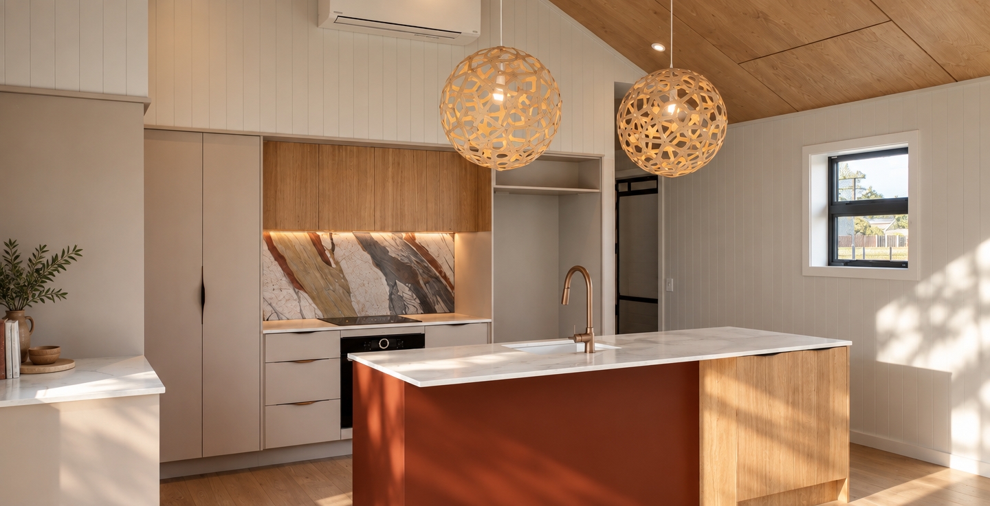 A crisp architectural photograph of the exact kitchen scene illuminated by bright, clear midday sunlight streaming through the window, casting sharp natural highlights and soft fill shadows across the interior. Balanced 5500K natural daylight highlights authentic textures, from the subtle grain on the wooden ceiling and cabinets to the polished sheen of the veined marble backsplash and brushed metallic faucet. Shot with a professional tilt-shift lens, the image features balanced exposure, realistic micro-reflections on the countertop surfaces, clean color rendition, and subtle, natural lens vignetting.