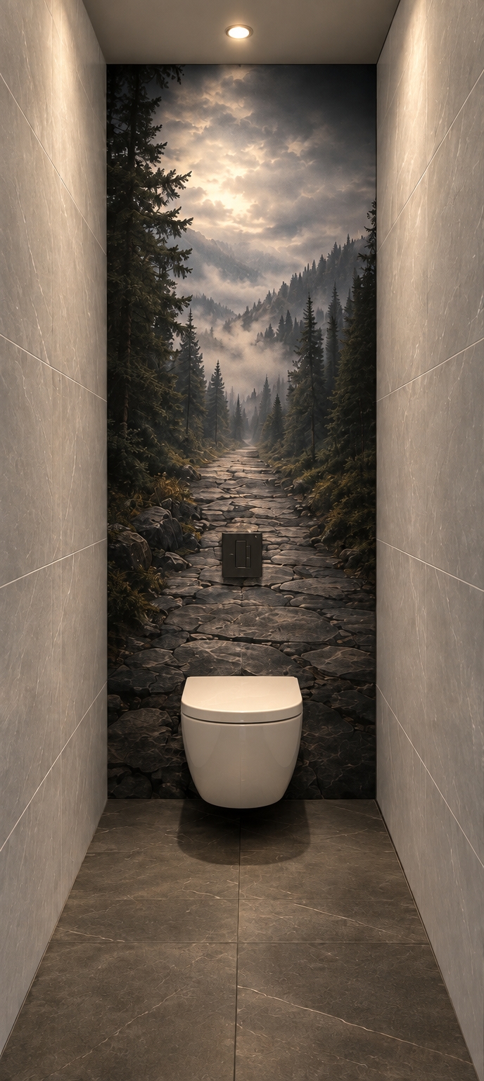 A realistic interior photograph of the narrow restroom niche, featuring a sleek, modern wall-hung white ceramic toilet cleanly mounted over the plumbing fixtures beneath the dark dual-flush plate. The composition preserves the existing geometry, keeping the light grey marble-textured side walls, dark stone floor tiles, and the prominent, misty pine forest pathway mural wall covering fully intact. The scene is illuminated by a single warm recessed ceiling spotlight, casting soft directional downlight with subtle falloff, realistic ambient occlusion along the tile seams, natural satin reflections on the ceramic bowl, and crisp photographic clarity with mild film grain.