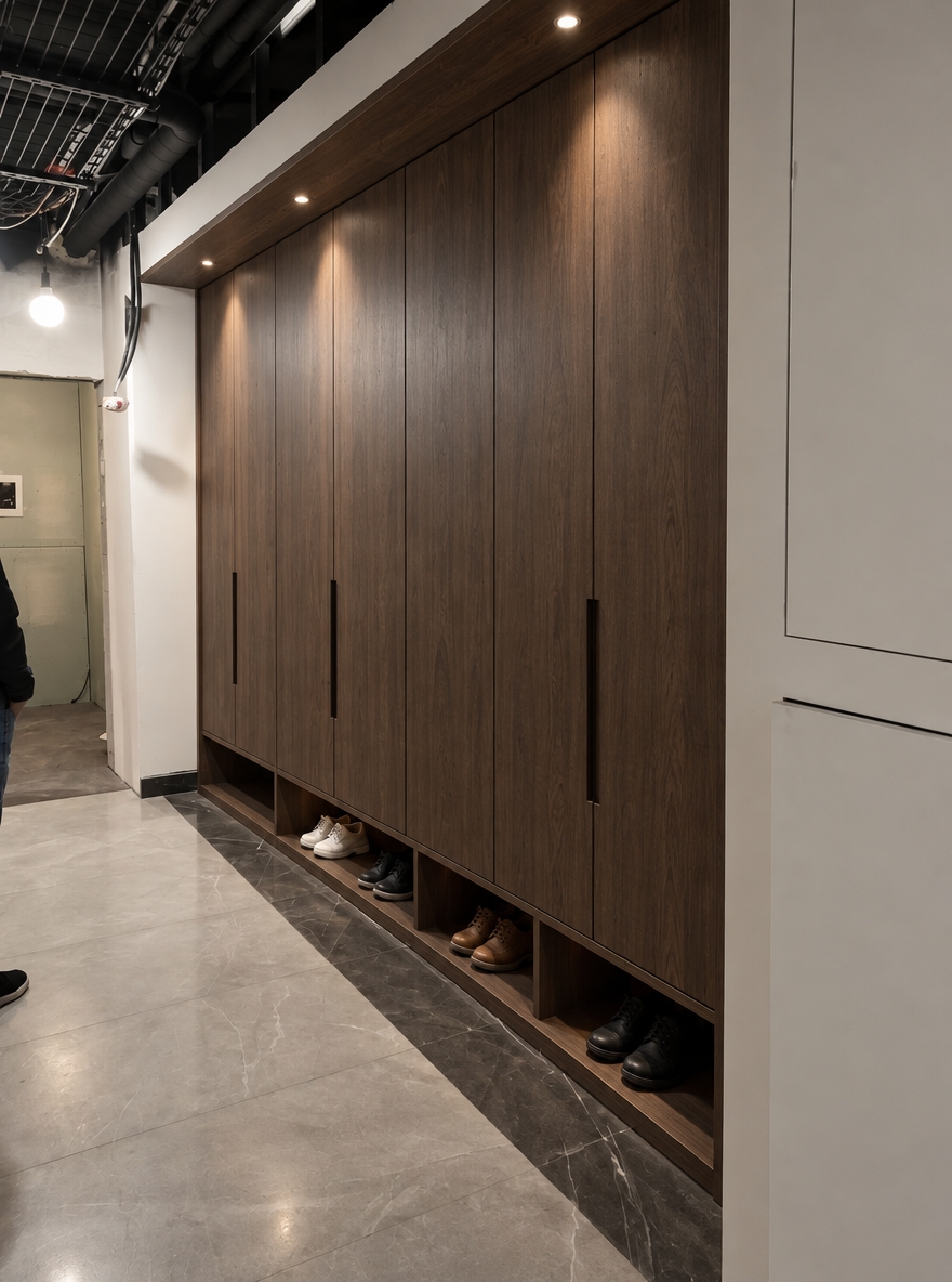 A crisp interior photograph seamlessly integrating custom built-in cabinetry into the large recessed niche, preserving the exact camera perspective, flooring, and room proportions. The niche is fitted with fitted entryway wardrobes in a rich, cool-toned dark walnut wood finish with realistic matte grain texture, featuring a low shoe shelf at the base and a wardrobe section for outerwear above. The scene is illuminated by soft, neutral overhead lighting casting realistic shadows beneath the cabinetry and faint reflections across the polished floor tiles, captured with a natural lens perspective, balanced contrast, and subtle camera grain for photographic authenticity.