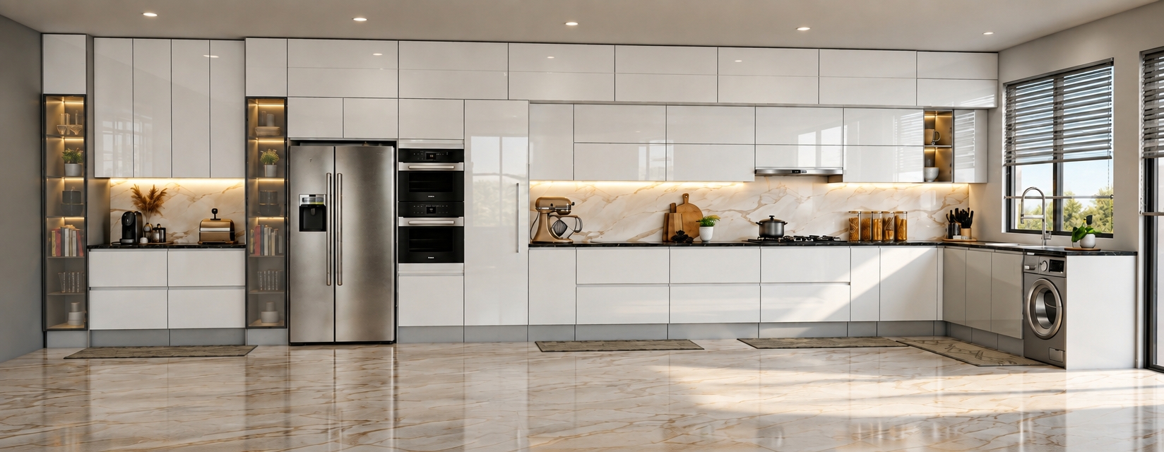 An eye-level, architectural photograph of the kitchen capturing high-gloss white and light gray lacquered cabinetry finishes with crisp specular reflections. Natural daylight streams through the right window, casting realistic soft-edged shadows across the polished marble floor and contrasting with warm under-cabinet LED strip lighting. The stainless steel appliances display authentic brushed micro-textures, faint handling smudges, and subtle anisotropic reflections, while the polished marble backsplash shows delicate veining and true depth. Captured on a 35mm tilt-shift lens with a balanced dynamic range, rich neutral tones, subtle lens vignetting, and fine photographic grain for grounded realism.