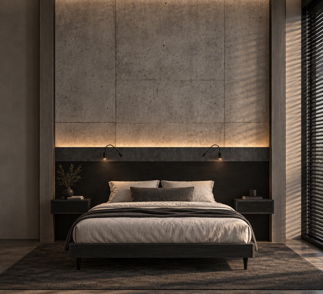 A straight-on architectural interior photograph of the minimalist bedroom, featuring tangible micro-textures on the poured concrete wall and dark matte headboard panel. The bed is dressed with realistically draped, softly creased linen bedding and plush pillows. Warm ambient LED backlighting glows softly from behind the upper edge of the headboard, washing upward onto the concrete. Natural daylight filters from the right side through a panoramic window covered in closed black blinds, casting faint directional horizontal shadow patterns across the wall and floor. The shot features balanced moody exposure, crisp surface details, natural fabric physics, and subtle photographic depth of field.