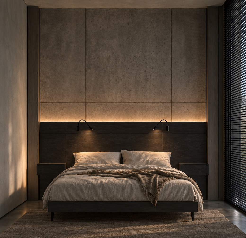 Architectural photograph maintaining the exact frontal perspective and minimalist composition, featuring a soft, warm LED glow radiating from behind the dark wall panel onto the textured concrete above. On the right wall, a panoramic window is fitted with closed black blinds that filter faint, subtle slivers of cool daylight into the room. The bed is realistically dressed in relaxed, rumpled neutral linen bedding with plush, natural-creased sleeping pillows. Captured with a sharp 50mm lens, the scene emphasizes authentic material micro-textures, gentle atmospheric shadows, and subtle photographic grain.