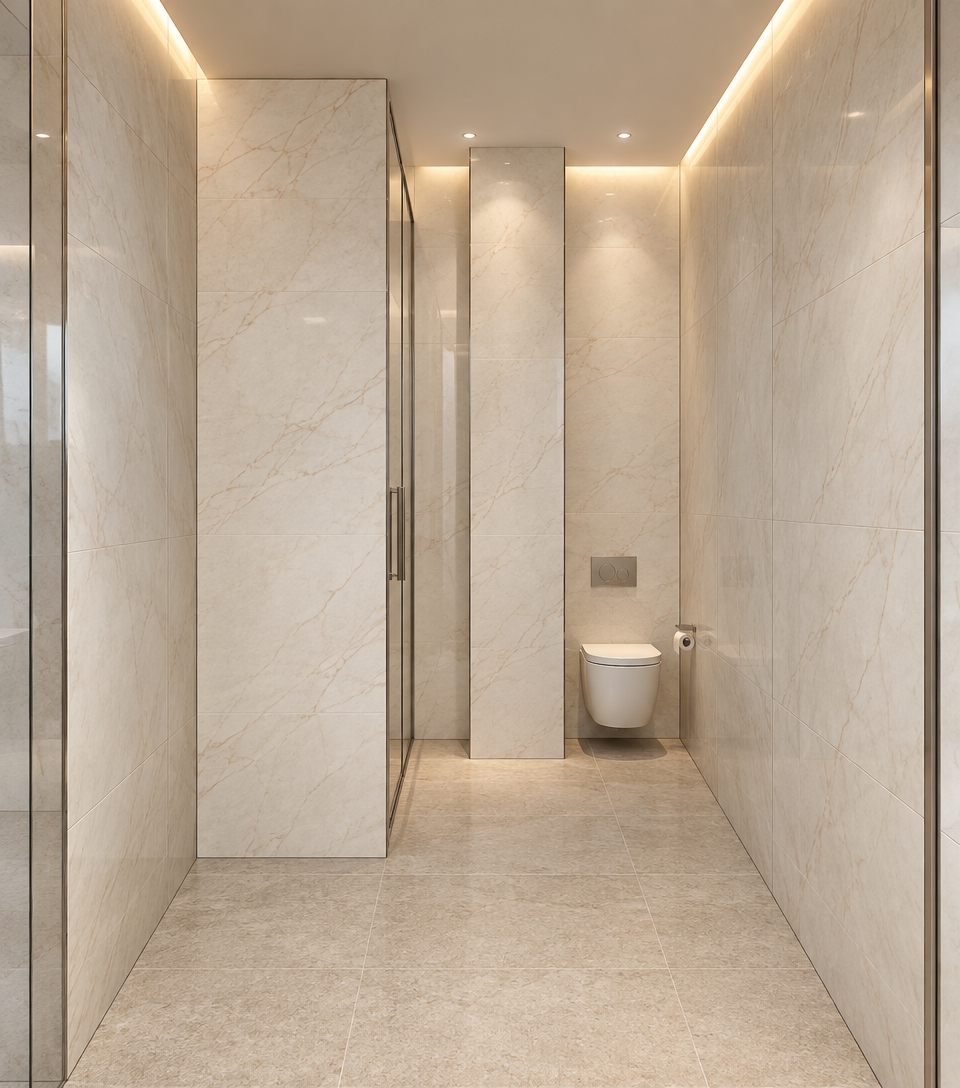 Architectural interior photograph of the exact bathroom space captured with a wide-angle tilt-shift lens, perfectly straight vertical lines, and balanced exposure. The structural surfaces are finished in large-format ivory porcelain tiles with faint marble veining on the walls and textured light-beige matte stone tiles across the floor. Perimeter recessed cove lighting at 3000K casts soft indirect illumination alongside subtle ceiling spotlights, creating realistic ambient occlusion and delicate contact shadows. The existing volumes feature seamless tempered glass partitions with brushed metal trims, pristine integrated sanitaryware, and natural, diffused reflections across all polished architectural surfaces.