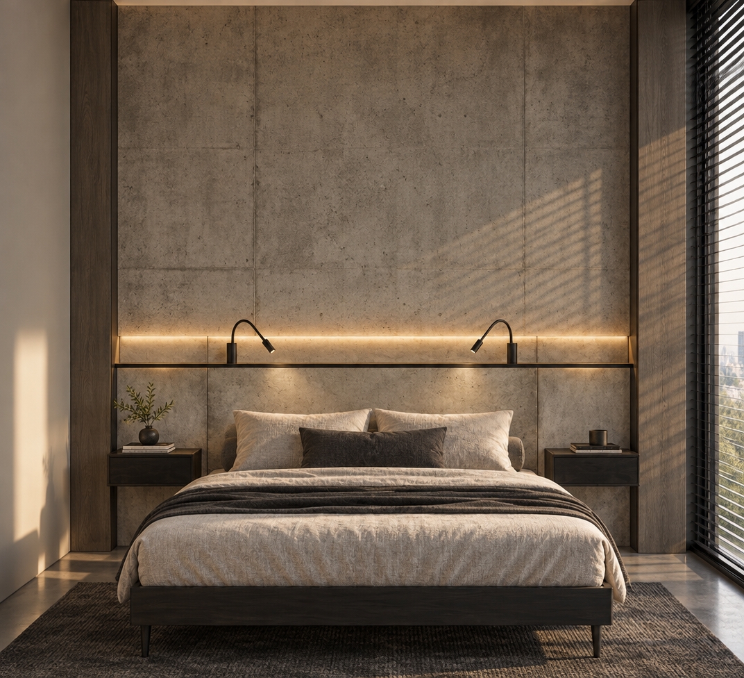 A straight-on architectural interior photograph of the minimalist bedroom, capturing the raw concrete wall and integrated headboard illuminated by warm hidden cove lighting along the horizontal panel recess. The bed is styled with neatly arranged, soft wrinkled linen and plump pillows, while natural daylight spills from a floor-to-ceiling panoramic window with black blinds visible to the right. Captured with a sharp 35mm lens, balanced exposure, realistic micro-textures on the fabric and concrete surfaces, and subtle ambient shadows.