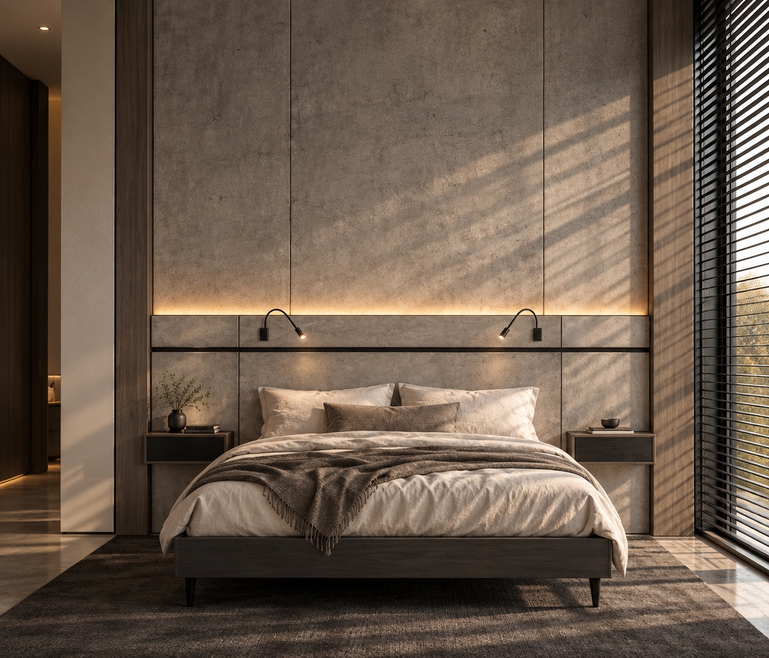 An architectural photograph of the minimalist bedroom, capturing the existing concrete panel wall and dark bed frame with the addition of relaxed, rumpled bed linens and soft sleeping pillows. Warm hidden LED backlighting glows softly above the horizontal headboard panel, washing the concrete wall above with a warm ambient light. A panoramic floor-to-ceiling window on the right side features black blinds, casting directional, natural daylight and subtle linear shadows across the concrete textures and floor, rendered with sharp optical clarity and natural contrast.