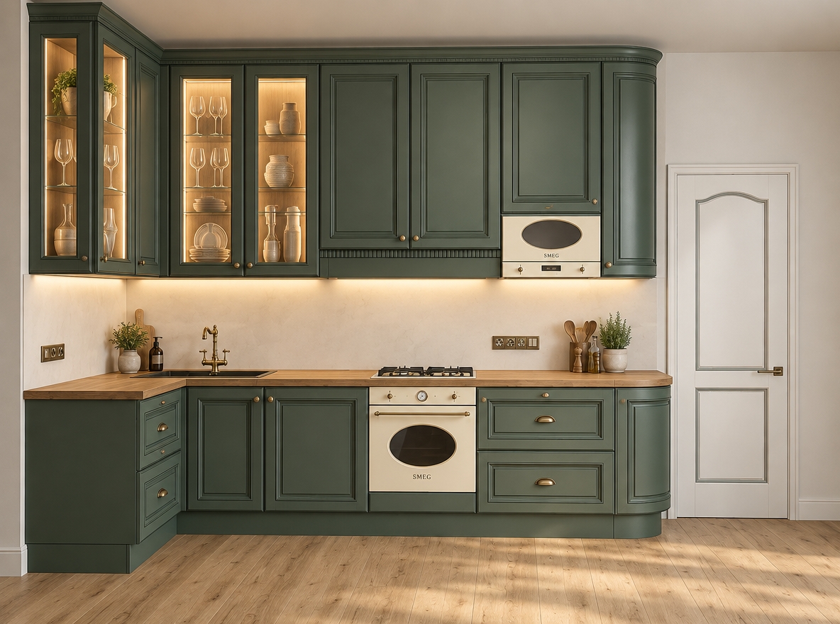 A crisp architectural photograph of the identical kitchen scene, precisely maintaining the camera perspective, layout, sage green cabinetry geometry, and warm wood countertop. Soft, warm 3000K LED task lighting glows beneath the upper cabinets, casting a gentle wash across the smooth countertop and white backsplash. The glass-front display cabinets feature subtle vertical side-rail illumination, warmly showcasing clearly defined glassware arranged neatly inside on the shelves. Realistic surface finishes exhibit authentic micro-textures, including painted semi-matte cabinet wood, natural timber grain on the counters and light floorboards, accurate glass reflections, and vintage-style metallic sheens on the faucet and cream-colored retro appliances, balanced by gentle ambient daylight and natural shadow falloff.