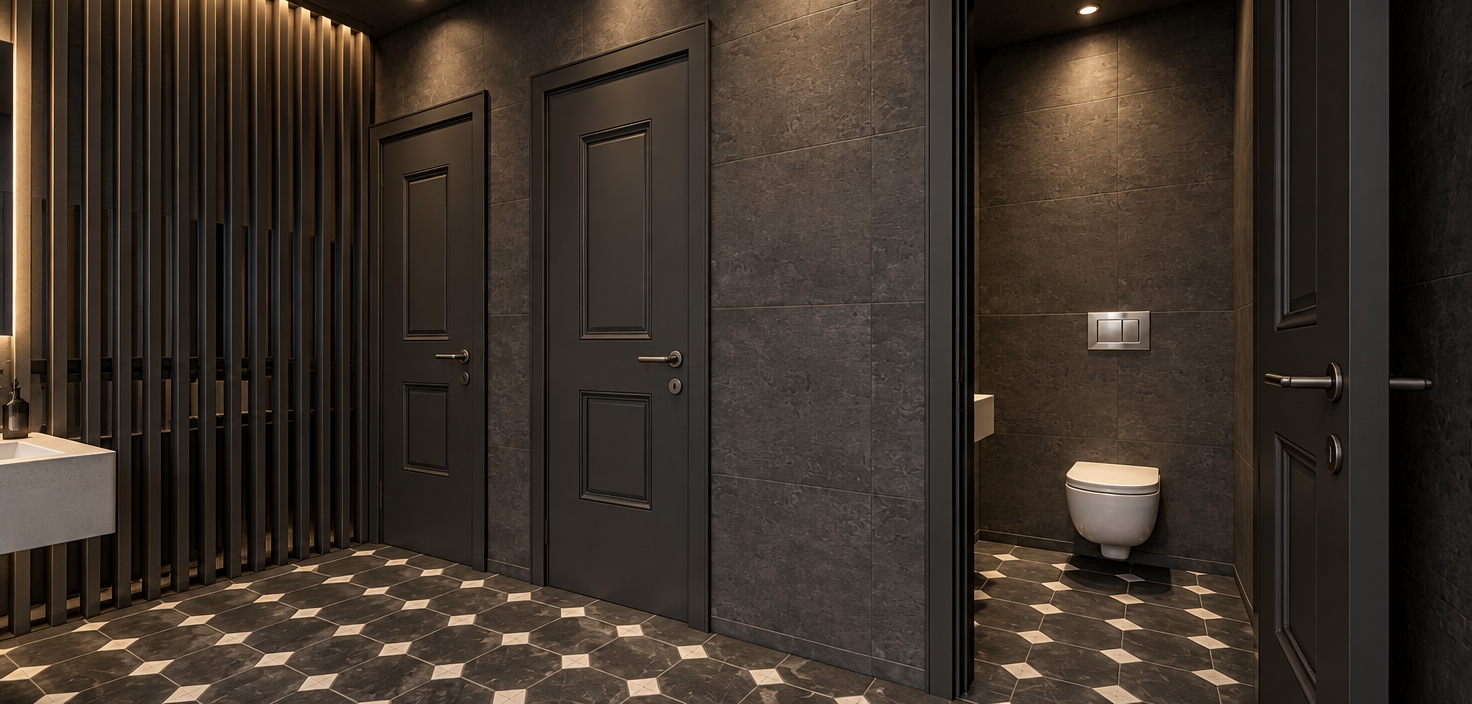 A photorealistic architectural photograph capturing the exact bathroom scene, featuring matte anthracite porcelain stoneware tiles across the walls and matching dark paneled doors with sleek hardware. The floor is composed of matte dark octagonal porcelain stoneware with contrasting white diamond inserts, catching soft ambient light. The black ceiling features subtle integrated warm recessed lighting, casting gentle gradients downwards, while a soft backlight glows behind the mirror above the floating washbasin on the left. The vertical slatted divider creates defined rhythmic shadows, and the open door reveals a cleanly lit cubicle with a wall-hung white porcelain toilet and chrome flush plate, shot on a wide-angle lens with crisp depth of field and authentic natural surface textures.