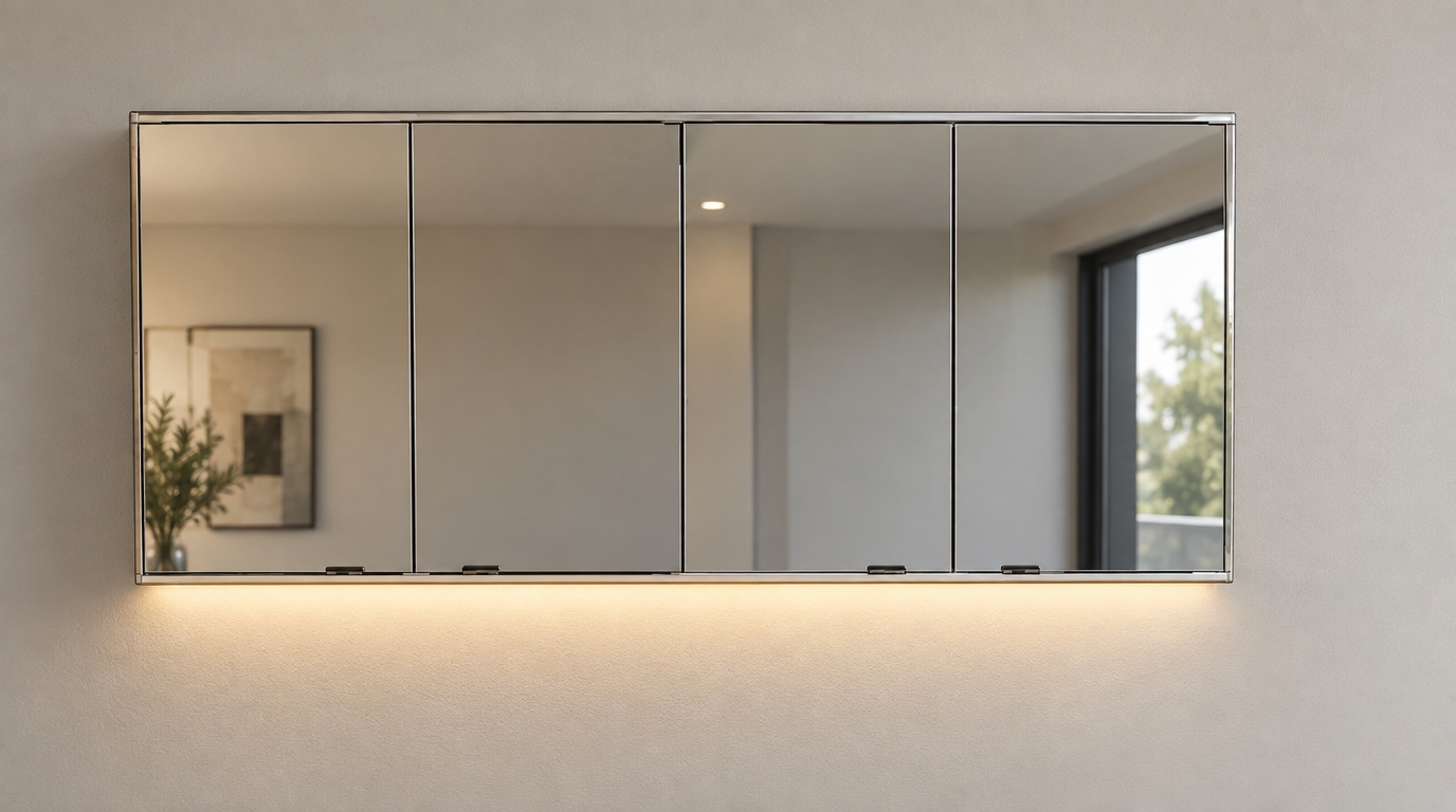 A sharp, eye-level architectural photograph of the four-door wall-mounted cabinet, strictly preserving the exact frontal framing and rectangular geometry. The four door fronts are replaced with highly reflective mirror glass, showing crisp vertical seams and subtle, realistic ambient reflections of an interior space. A continuous warm-white LED strip concealed along the entire bottom edge casts a soft, smooth downward glow onto the matte wall underneath. Neutral interior lighting balances the warm under-cabinet illumination, capturing precise glass specular highlights, faint micro-reflections, and authentic material depth without altering the composition.