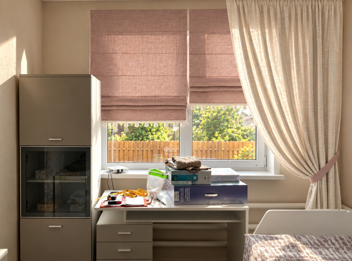 A photorealistic interior photograph captured at eye level with a 35mm lens under bright, warm midday summer sunlight streaming through the window. The dusty rose Roman shades and gathered cream linen curtain feature authentic textile weaves, delicate pom-pom fringes, natural folds, and subtle daylight translucency. Strong daylight illuminates the desk clutter, wooden fence, and green foliage outside, casting crisp ambient shadows across the smooth laminate surfaces of the desk and cabinet. The image maintains exact composition and placement with accurate material physics, balanced high-dynamic-range lighting, subtle surface micro-scratches, and fine photographic grain.