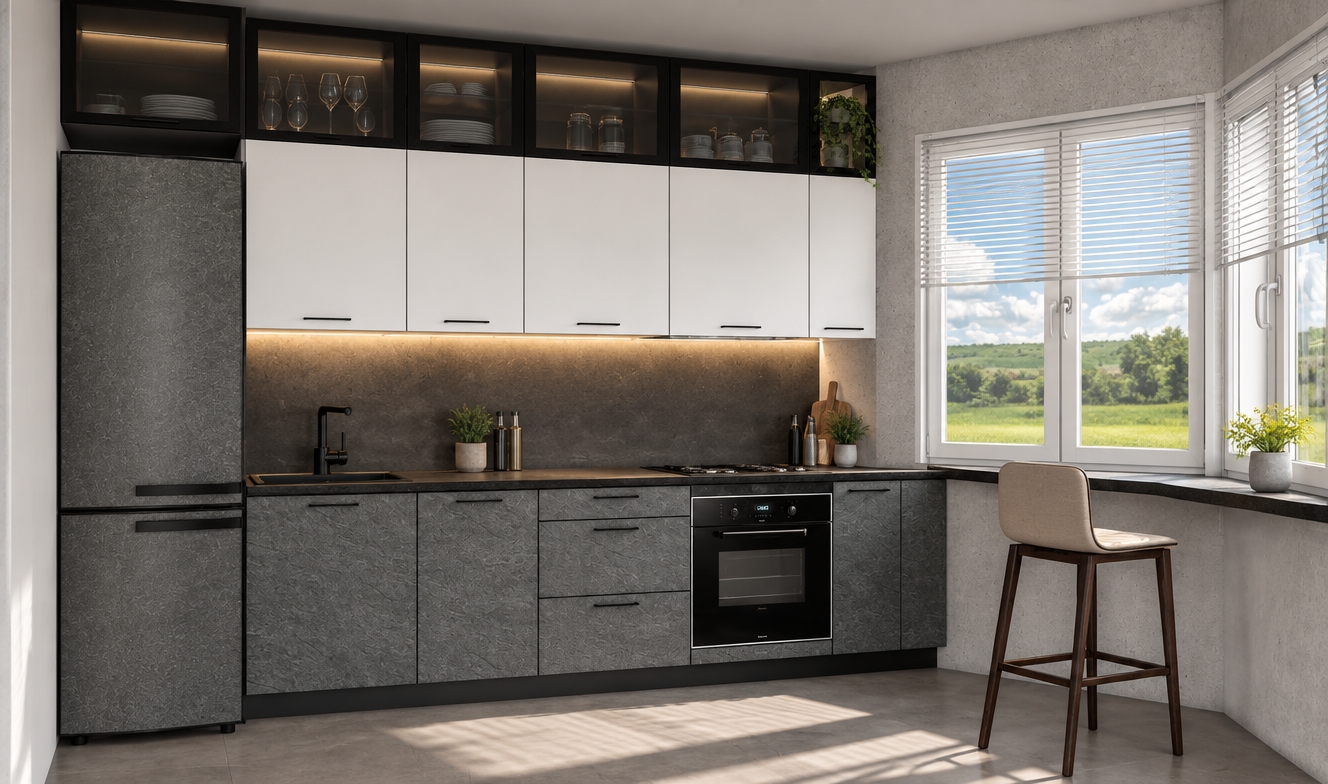 A crisp, wide-angle interior photograph of the modern kitchen, capturing exact geometry and layout with realistic photographic lighting and natural daylight pouring through the side windows. The upper cabinetry features clean, smooth matte white finishes beneath translucent smoked-glass overhead cupboards, while the lower cabinets and tall refrigerator showcase authentic matte slate-grey stone textures. Soft, warm integrated LED under-cabinet strip lighting warmly illuminates the dark, matte black stone countertop, sink area, and integrated cooktop, casting subtle shadows and realistic surface reflections. The textured concrete walls, modern barstool, and polished oven glass reflect diffused natural light with accurate physical depth, micro-textures, and fine photographic grain.