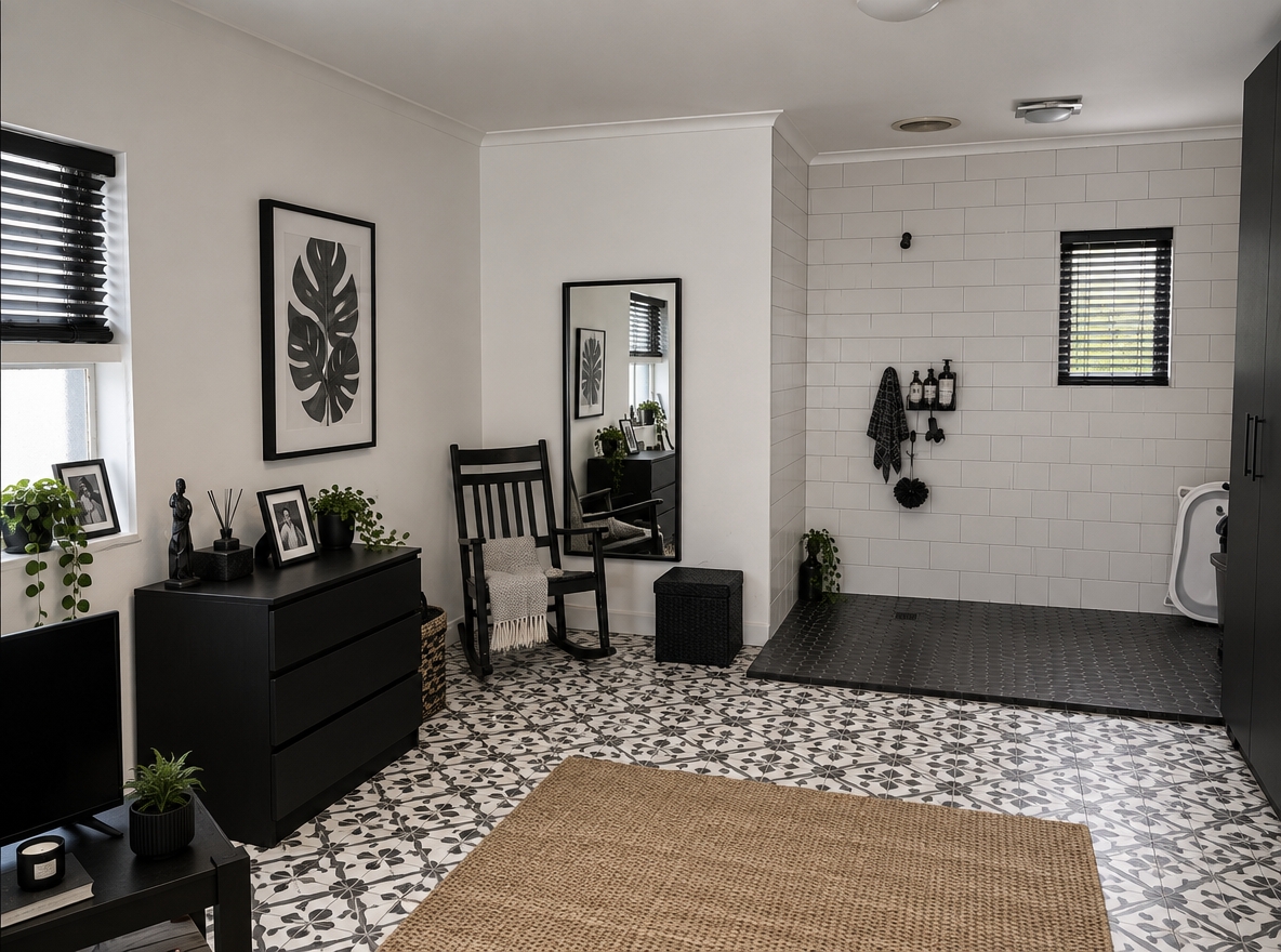The photo, reference no auth/87af6414 8674 4114 a677 fb682317a711.jpg, presents a brightly lit, multi-functional interior space that blends a living or bedroom area with an integrated wet-room style bathroom, reflecting a utilitarian and compact architectural design. The dominant architectural features include plain white painted walls that contrast sharply with a section of the room fully clad in large, light brown square ceramic tiles, defining the wet area. The main floor features a warm, light blonde laminate wood, transitioning to the identical light brown tiles of the wet room via a dark, recessed drainage threshold. Natural light pours in from two simple, stacked rectangular windows on the left wall, which are set into deep recesses and adorned with family photos and decorative items on their sills. A smaller, gridded window, possibly with security bars, is visible high on the tiled wall of the wet room, providing additional light and ventilation. The ceiling is flat white with a minimalist crown molding, featuring a circular flush-mount light fixture, a round air vent, and another rectangular ceiling light, indicating a combination of natural and artificial illumination, suggesting it's daytime.
In terms of visible furnishings, a traditional wooden dresser with four drawers, rich in a reddish-brown stain, stands beneath the windows, displaying more framed photographs and small decorative pieces. Beside it, a classic white painted wooden rocking chair offers a comfortable spot, with a tall, slim wall mirror mounted above a black storage ottoman behind it, reflecting parts of the room. The wet room itself is a walk-in shower area, equipped with a simple wall-mounted shower head and a multi-tiered caddy holding various toiletries, emphasizing its practical function. Partially visible on the far right, a light wood-toned built-in wardrobe or cupboard suggests storage solutions within the compact layout. The composition of the photo is straightforward, capturing the depth of the room and highlighting the distinct material transitions that delineate the functional zones, giving an immediate sense of a practical, lived-in space designed for efficiency within a modest dwelling.
