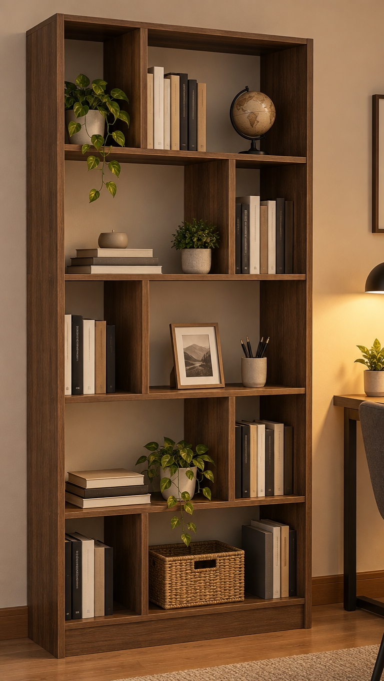 luz calida para un lugar de estudio, lubrero en acabado de melamina tipo roble oscura, renderizado realista