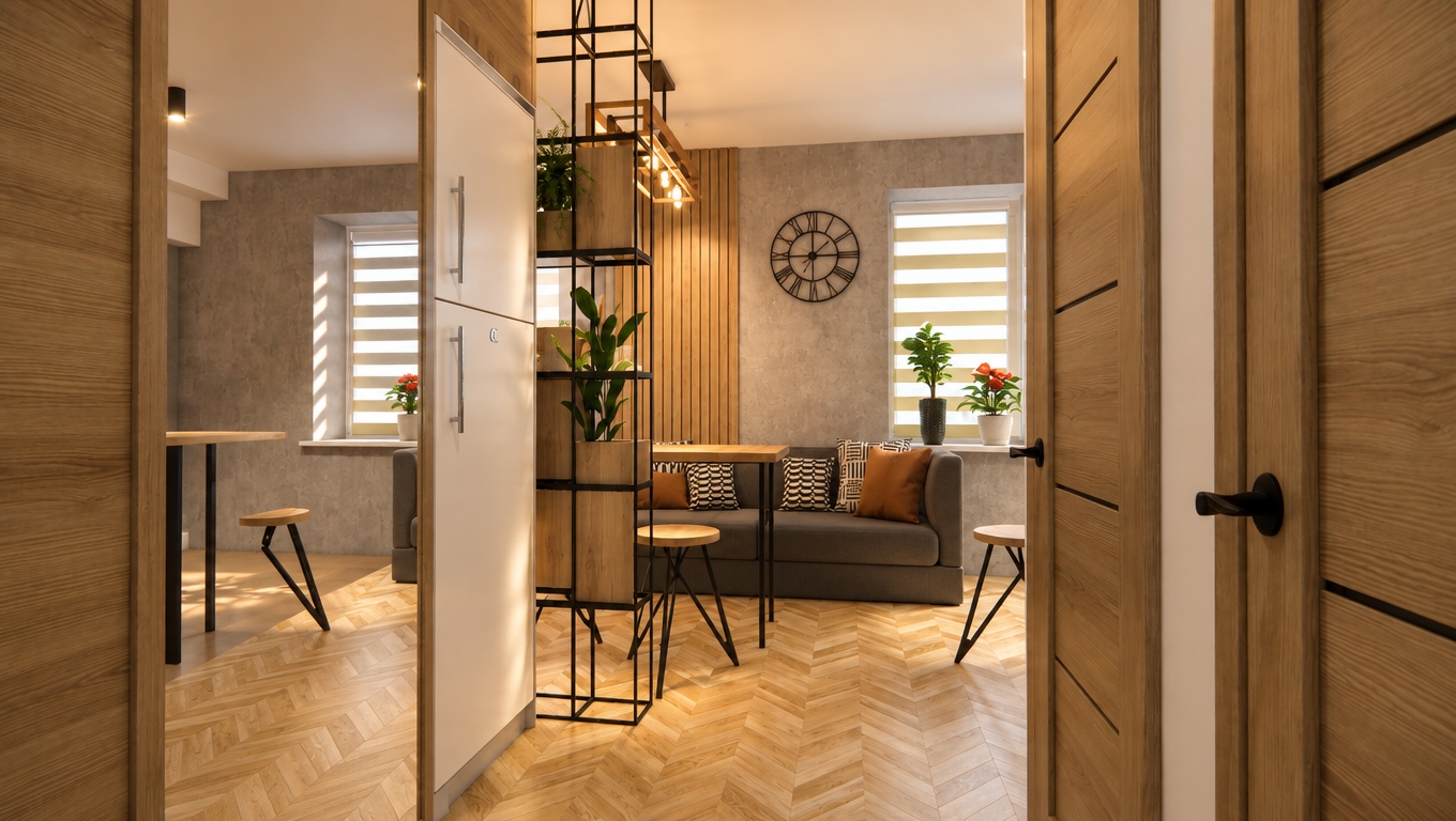 A photograph of the exact modern interior scene framed through the wooden doorway, captured with interior lights turned on to cast a warm, ambient glow of 2700K across the room. The overhead light fixture is illuminated, casting soft downward pools of light and gentle highlights along the black metal shelving, light wood finishes, and herringbone flooring. Natural daylight from the blinds balances naturally with the warm artificial indoor illumination. The scene features authentic textures, including subtle fabric weave on the gray sofa and patterned cushions, matte plaster detailing on the concrete-toned walls, and realistic grain and reflections on the timber and mirror surfaces, shot with a 35mm lens, balanced dynamic range, and faint photographic film grain.