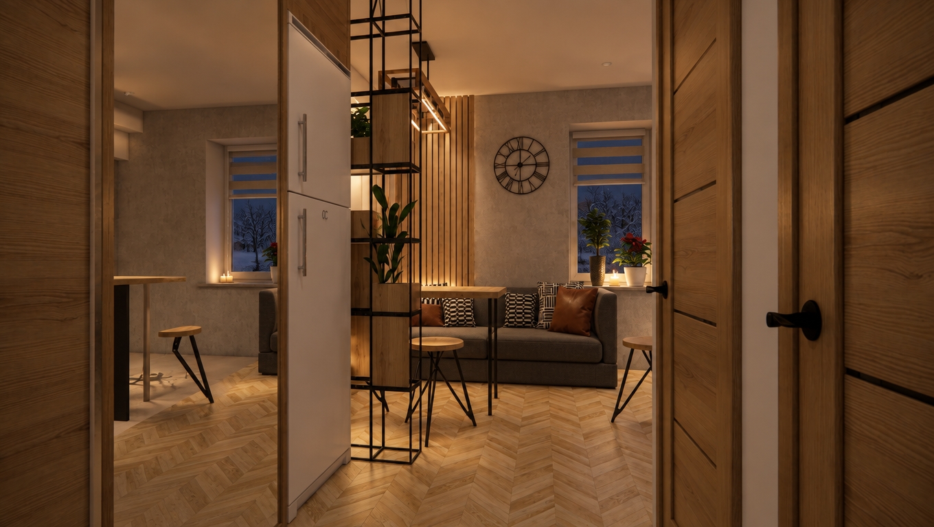 A photorealistic architectural interior photograph capturing the exact room through the doorway on a cold winter night, keeping all furniture, layout, and composition unchanged. Outside the windows, the scene transitions to deep nocturnal dark blue with a subtle frosty chill, while the interior is bathed in cozy, warm ambient lighting from overhead fixtures, casting soft, natural shadows across the concrete-finish walls and herringbone wood floor. Surfaces display realistic physical textures, including authentic matte black metal on the shelving, organic wood grain with subtle specular highlights, soft fabric weaves on the sofa and cushions, and realistic reflections on the mirror. Captured with a clean 35mm interior lens, featuring gentle ISO grain, accurate exposure balance between the dim interior ambiance and the dark winter exterior, and faint, natural lens vignetting.