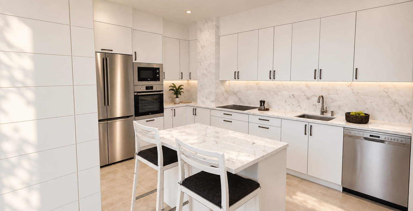 A bright, clean architectural photograph capturing this exact modern kitchen layout, rendered with photorealistic depth, realistic natural lighting, and authentic physical textures. Soft morning sunlight and balanced interior ambient light illuminate the space, revealing smooth matte finishes on the white cabinetry, subtle veining in the polished marble countertops and backsplash, and a gentle brushed sheen on the stainless steel refrigerator, built-in ovens, and dishwasher. The warm beige floor tiles show natural ceramic variation and clean grout lines, while the island chairs feature textured black seat cushions. Preserving the exact camera angle, perspective, and arrangement, the image features sharp focus, natural contact shadows, gentle highlights, and realistic material physics without any structural modifications.