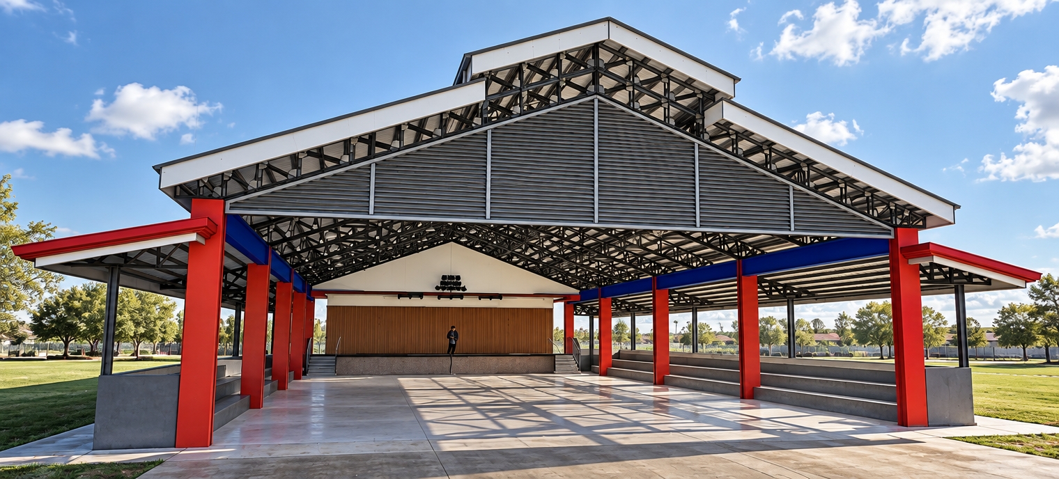 A crisp architectural photograph capturing the covered open-air pavilion under bright midday spring sunlight. The overhead sun casts defined, geometric shadows through the complex steel roof trusses onto the smooth concrete floor, which shows subtle surface scuffs and realistic seams. Painted steel support columns in vivid red and blue feature natural matte textures and soft ambient reflections, while the elevated wooden-paneled stage and tiered concrete bleachers receive realistic, diffuse bounce light. The shot exhibits balanced dynamic range between the bright exterior and the shaded interior, rich natural contrast, authentic material physics, and sharp lens clarity.