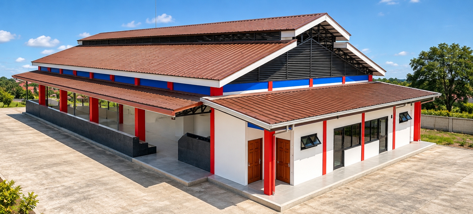 An eye-level architectural photograph of the identical building structure illuminated by bright, overhead midday summer sunlight. The direct sun casts crisp, compact shadows beneath the eaves and roof overhangs, emphasizing the realistic textures of the brown corrugated roof sheets, matte white stucco walls, and glossy red-painted columns. The dark window glass reflects the bright, clear sky, while the steel trusses and louvers display authentic industrial finishes. Captured with a professional wide architectural lens at f/8, featuring balanced exposure, warm daylight color balance, and natural photographic clarity with subtle lens vignetting.