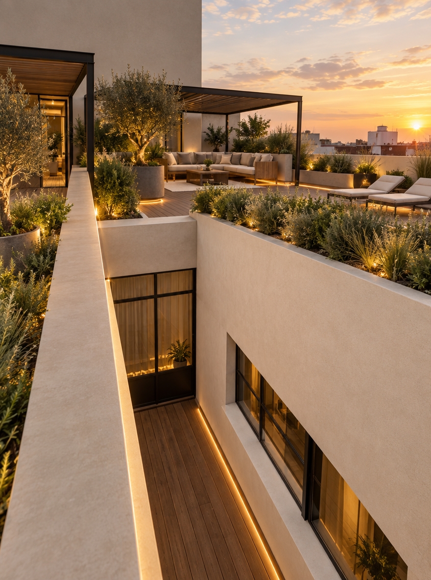 An incredibly lifelike, richly detailed, photorealistic wide-angle architectural shot of a revitalized rooftop garden and minimalist haven set in a contemporary urban setting. The scene is illuminated by the soft, golden radiance of a vibrant sunset harmonized with warm, concealed indirect LED strip lighting embedded beneath seating and architectural edges, creating a tranquil, sophisticated atmosphere. Captured with a full-frame camera and a 24mm tilt-shift lens, emphasizing smooth, seamless microcement volumes, rich natural wood decking, a slender matte-black metal pergola, and professionally curated landscaping with lush ornamental grasses, sculptural potted olive trees, and plush, weather-resistant outdoor lounge furniture.