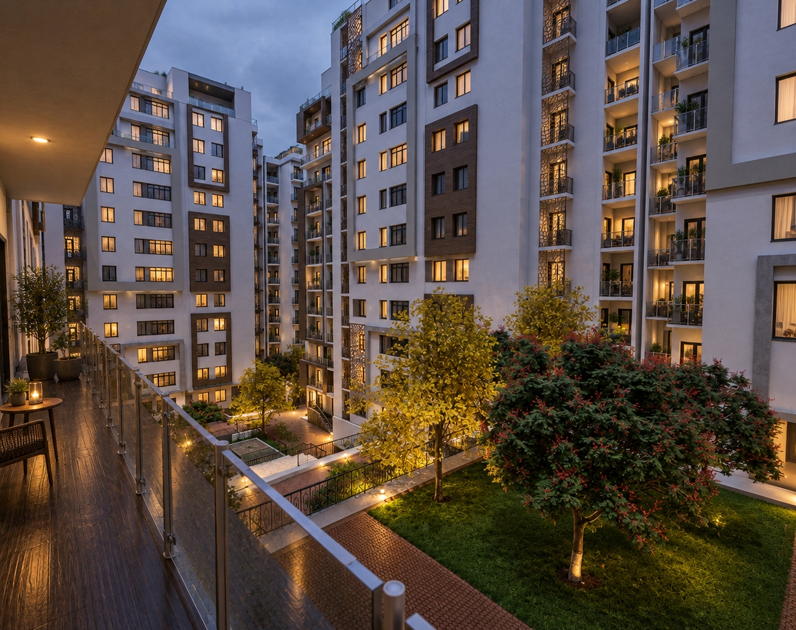 Cinematic architectural photograph during blue hour twilight under a soft, overcast sky, balancing cool blue ambient fill with warm interior lights glowing from the apartment windows. The glass balcony railing in the foreground displays realistic Fresnel reflections, subtle transparency, and natural surface imperfections. All architectural surfaces, courtyard pavers, and lush foliage feature authentic physical textures, illuminated by gentle, diffused evening light with subtle atmospheric haze, natural depth of field, and faint photographic grain.