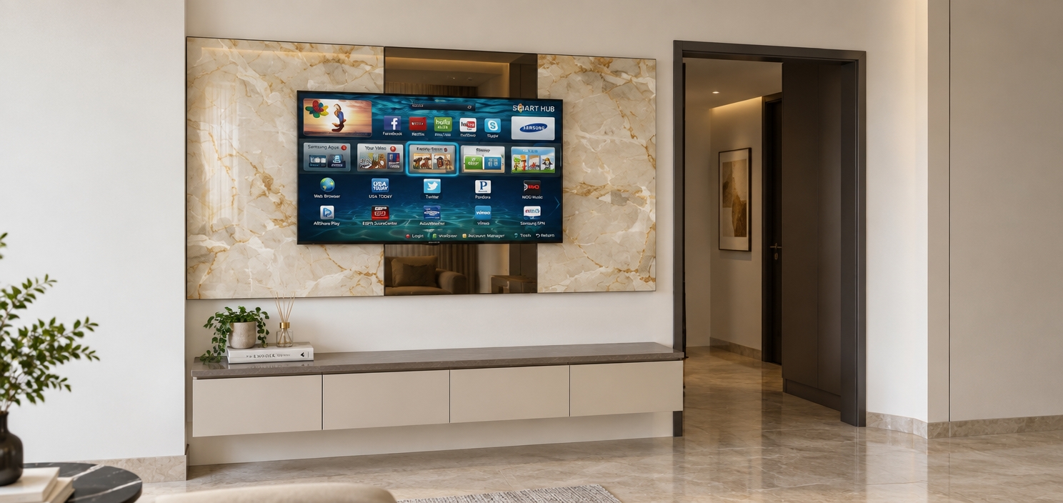 An architectural photograph of the exact room setup, rendering the central yellow panel behind the wall-mounted television as a reflective dark smoked mirror. Flanking accent panels feature polished cream marble with natural golden-brown veining, while the media console below shows smooth satin-finish drawers beneath a refined countertop. Soft, diffuse ambient daylight illuminates the space, creating realistic reflections across the glass and stone finishes with gentle contact shadows along the matte white walls, captured on a professional camera with crisp focus, balanced exposure, and natural micro-textures.