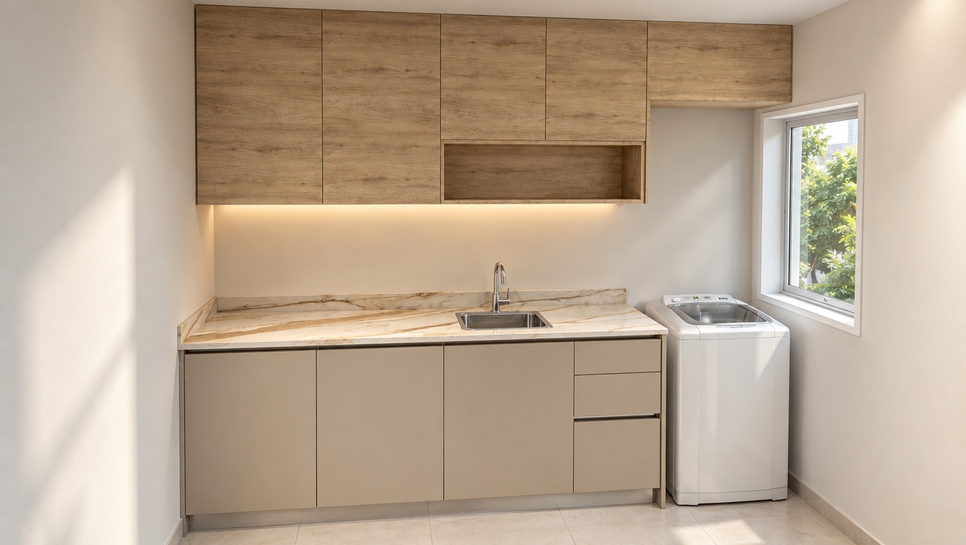 A crisp architectural photograph capturing the exact scene with natural daylight filtering from the side window and warm overhead ambient light. Upper cabinets show authentic tactile wood grain textures, while the polished marble countertop reveals deep veining, soft reflections, and subtle specular highlights around the brushed chrome faucet and stainless sink. Lower cabinets display smooth matte surfaces, and the washing machine features realistic glossy molded plastic with subtle reflections. Soft contact shadows ground the cabinetry against neutral matte walls and tiled flooring, captured through a sharp wide-angle lens with subtle photographic depth, micro-textures, and fine natural grain.