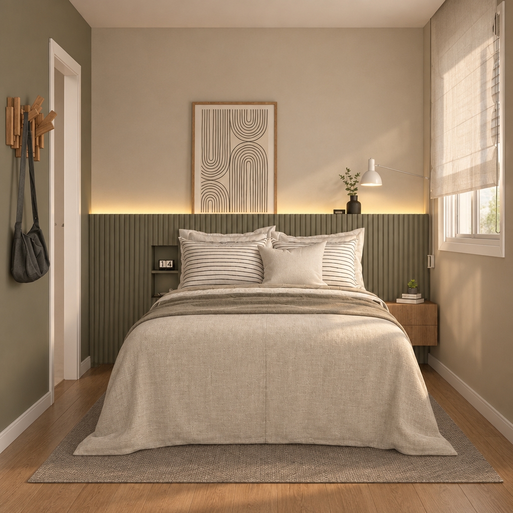 Renderize a primeira imagem enviada gerada no SketchUp que vou enviar, aplicando efeito ultrarrealista, como se tivesse sido renderizada no 3ds Max com Corona Render. Utilize o mesmo estilo de imagem como referência de tonalidades da imagem e efeitos da segunda imagem enviada. Mantenha 100% do projeto original (sem alterar móveis, objetos ou composição).
Aumente a qualidade da iluminação, reflexos, texturas e profundidade de campo.
Não adicione elementos, não altere as medidas da imagem e mantenha a proporção do ambiente.
Dê atenção especial aos tecidos, tornando-os extremamente realistas com texturas delicadas.
O piso é vinílico amadeirado, utilize o mesmo tom da imagem 02 já renderizada como referência.
As paredes com pintura em tinta acabamento fosco, seguindo a cor da imagem.
Forro em gesso branco, acabamento fosco
A cabeceira em MDF verde, com pouca saturação, possui ripado pela frente, e iluminação indireta difusa com fita de LED na parte superior, em temperatura de cor 3000K.
A estante em madeira clara, com arandelas.
A persiana torne-a translúcida com sol entrando delicadamente por ela.
