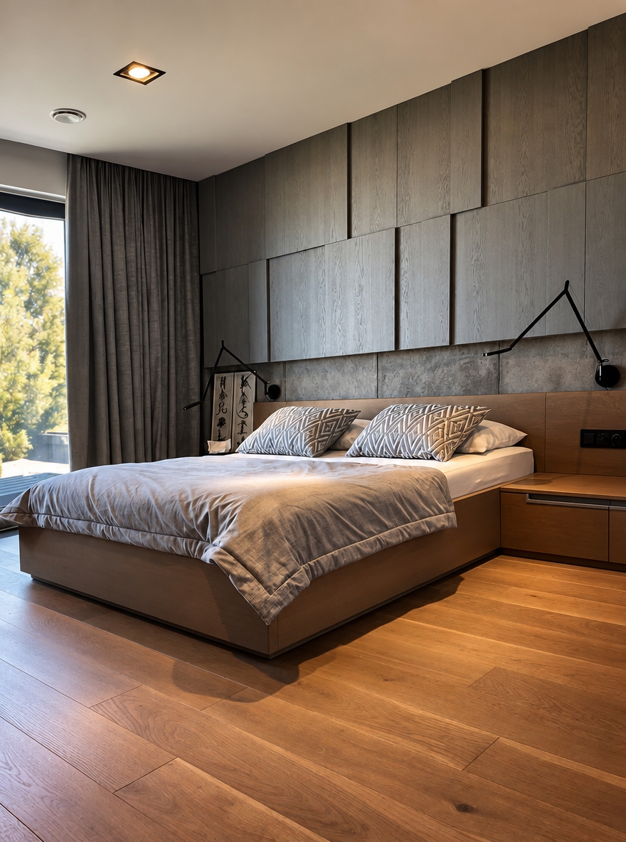 An incredibly lifelike, richly detailed, ultra-photorealistic high-end interior architectural photograph with extraordinary physical realism, natural material definition, realistic light behavior, authentic photographic depth, subtle imperfections and exceptional photographic credibility. The image must look indistinguishable from a real luxury interior photograph captured with a professional full-frame camera, with beautifully controlled tonal depth, realistic reflections, tactile surfaces, natural shadows and sophisticated dark-luxury atmosphere.

## ABSOLUTE PRESERVATION

The existing architecture, layout, geometry, proportions, furniture placement, camera position, camera height, focal length, perspective, composition, framing, spatial relationships, and any existing rug remain completely unchanged.

Do not alter, redesign, reinterpret, relocate, resize, replace, remove, add, simplify, or reconstruct any architectural element, furniture, decoration, object, fixture, appliance, opening, wall, ceiling, floor geometry, kitchen island, cabinetry, doors, windows, or built-in element.

Do not change the camera angle or viewpoint in any way.

Do not crop, zoom, pan, tilt, rotate, dolly, shift, or reframe the image.

The original composition must remain exactly the same.

Only improve photographic realism, surface realism, material depth, texture quality, and physically accurate light–material interaction.

No redesign.
No reinterpretation.
No creative alteration.
No change to the architecture.
No change to the furniture layout.
No change to the composition.

The final image must remain visually identical in architecture and composition to the reference image, with only the requested material and photographic-realism refinements applied.

## PHOTOGRAPHIC INTENT

Transform the reference into an ultra-realistic, high-end editorial architectural photograph.

The image must look like a real professional architectural interior photograph captured on a full-frame professional camera.