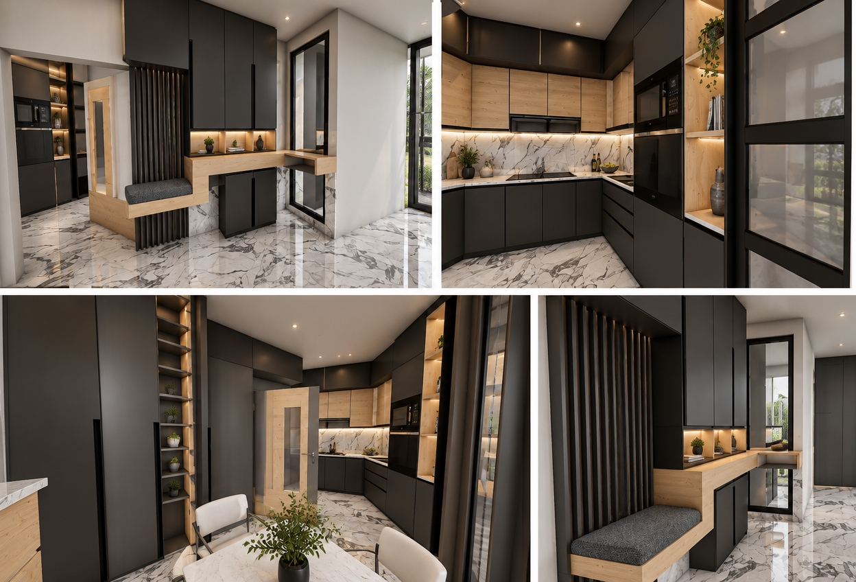 A professional architectural photograph capturing the exact scene with realistic textures and balanced interior lighting. The matte black cabinetry features a subtle tactile sheen, the natural light oak surfaces exhibit fine authentic wood grain, and the polished white marble floor and backsplash display realistic depth with crisp, organic grey veining and accurate specular reflections. Soft, diffused daylight enters from the side, complemented by warm recessed ambient lighting casting gentle, natural contact shadows. Captured on a wide-angle tilt-shift architectural lens with deep focus, precise vertical alignment, subtle film grain, and rich, physically accurate material contrast.