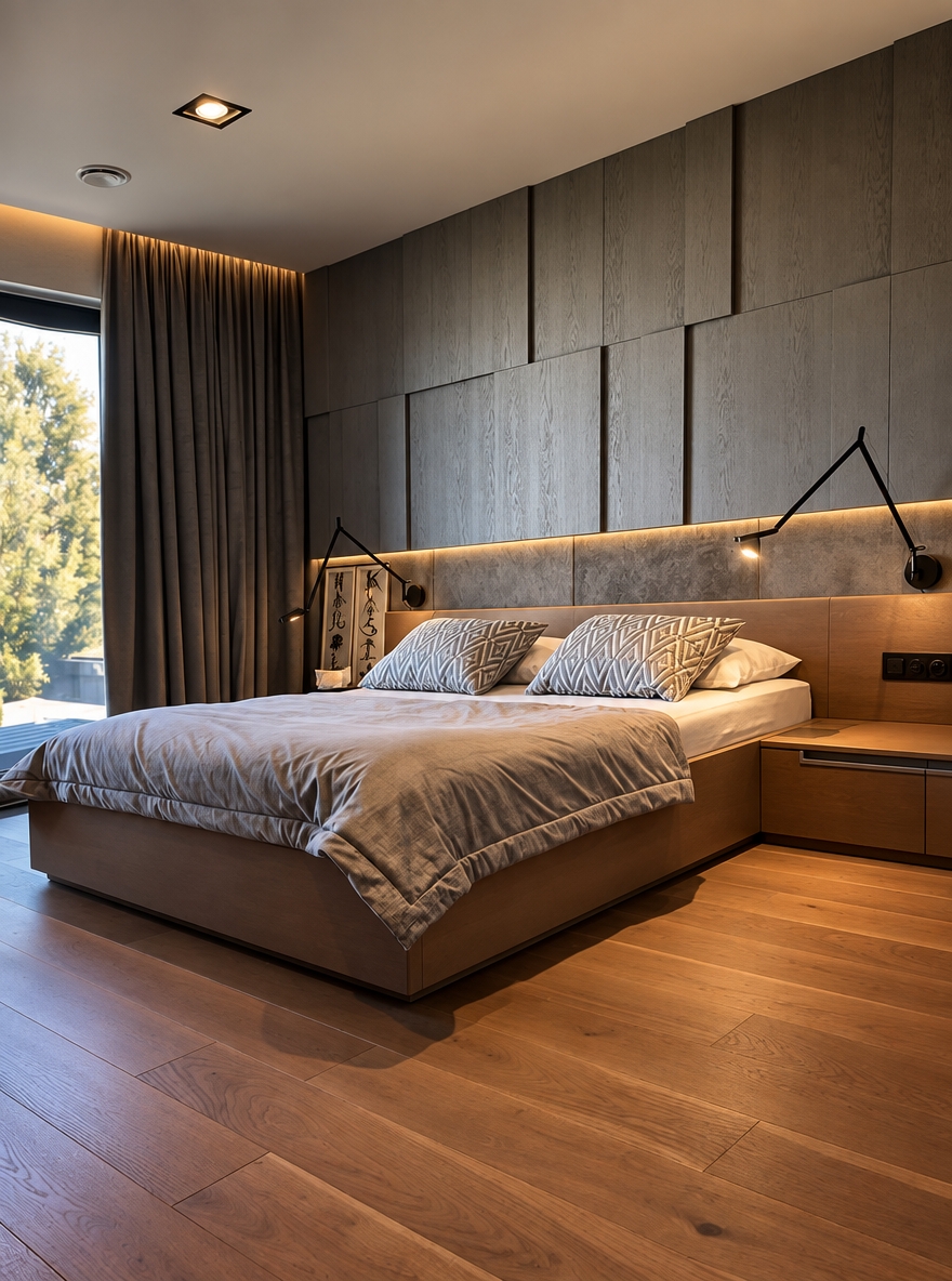 An incredibly lifelike, richly detailed, ultra-photorealistic high-end interior architectural photograph with extraordinary physical realism, natural material definition, realistic light behavior, authentic photographic depth, subtle imperfections and exceptional photographic credibility. The image must look indistinguishable from a real luxury interior photograph captured with a professional full-frame camera, with beautifully controlled tonal depth, realistic reflections, tactile surfaces, natural shadows and sophisticated dark-luxury atmosphere.