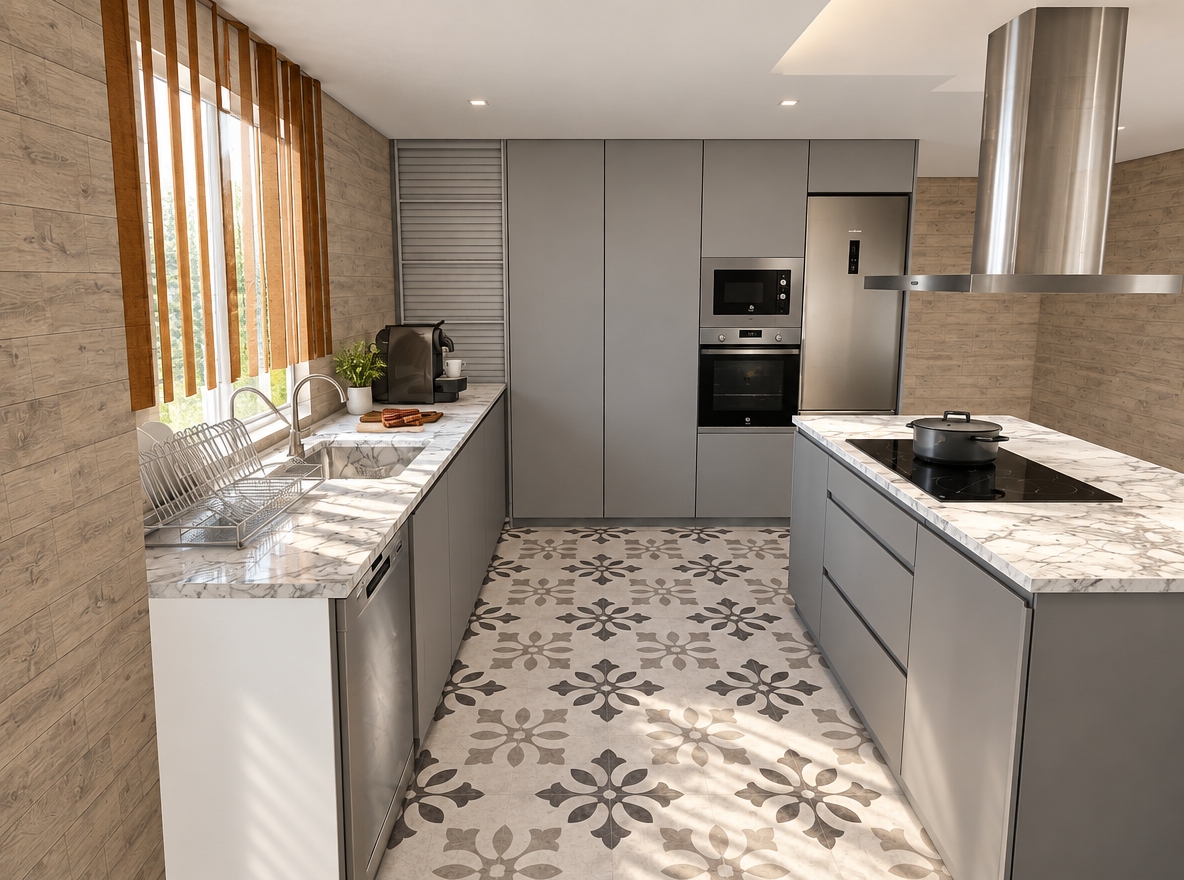 A bright, naturally lit architectural photograph of the modern kitchen, capturing soft daytime sunlight filtering through the window blinds to evenly illuminate the entire room. The scene strictly preserves the existing layout, geometry, and materials, rendered with tangible physical textures: delicate natural veining across the polished white marble countertops, smooth matte surfaces on the gray cabinetry, realistic ceramic finish on the patterned floor tiles, brushed stainless steel on the appliances, and fine tactile grain along the wood-paneled wall. Captured with a wide-angle interior lens, featuring balanced exposure, gentle contact shadows, realistic material reflections, and crisp, clean photographic clarity.