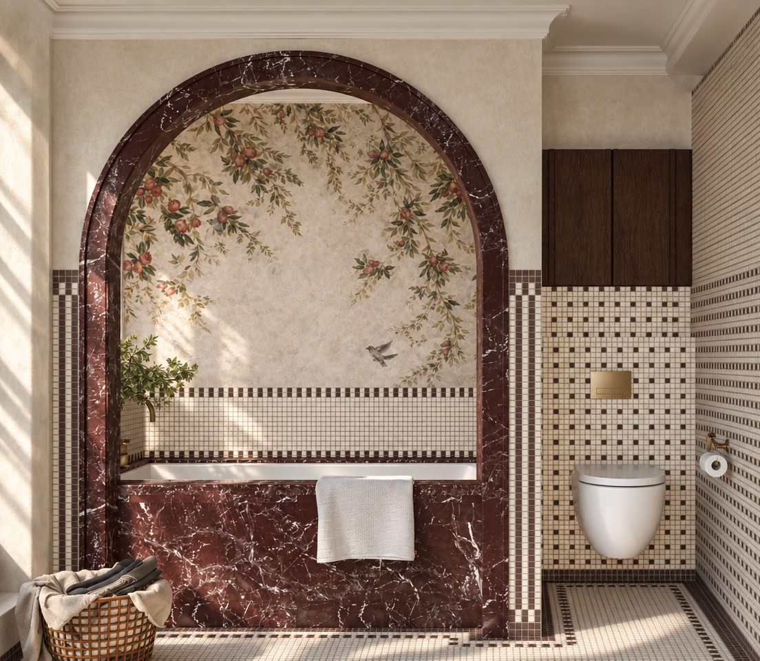 An architectural interior photograph of the bathroom with the exact layout and materials preserved, illuminated by bright daylight streaming from an off-camera window on the left. Soft directional sunlight grazes the leafy green plant, casting gentle highlights across the rich, veined burgundy marble arch, the tactile botanical wallpaper, and the glossy mosaic wall tiles. Captured with a sharp 35mm architectural lens, the scene features balanced natural exposure, realistic ambient shadows, authentic ceramic and dark wood textures, and subtle film grain.