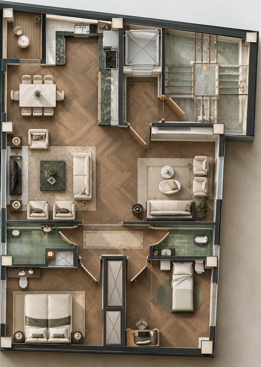 An incredibly lifelike, richly detailed, photorealistic top-view architectural cutaway photograph of a chic modern apartment interior set in a luxury metropolitan residence. The scene is illuminated by streaming, diffused natural daylight balanced with warm, recessed downlights, creating an inviting, opulent Art Deco glamour atmosphere. Captured with an overhead medium-format architectural lens, emphasizing rich herringbone hardwood floors, polished Nero Marquina marble, and brushed brass detailing throughout. The open-concept living and TV areas feature tailored velvet seating, gleaming glass-topped tables, and plush patterned rugs casting soft, realistic ambient shadows. Flowing seamlessly into a minimalist kitchen with sleek marble counters and into serene, neatly dressed private bedrooms and glazed tiled bathrooms, the entire layout exudes refined sophistication, spatial balance, and immaculate craftsmanship.