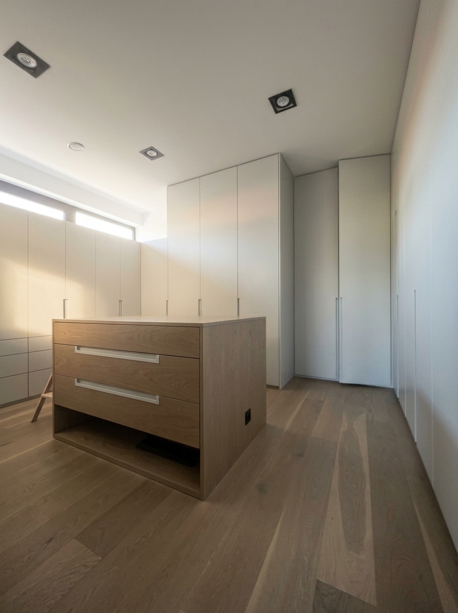 A lifelike, ultra-photorealistic architectural photograph of the modern walk-in closet in the image. Enhance physical realism with natural light behavior, authentic full-frame camera depth, realistic wood grain textures on the central island and flooring, sleek matte cabinet finishes, soft shadows from the window, and subtle photographic imperfections.
