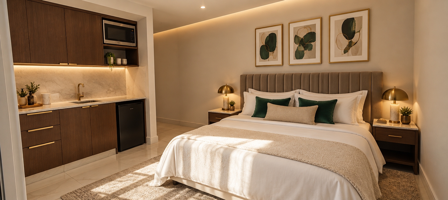 An incredibly lifelike, richly detailed, photorealistic wide-angle interior photograph of a luxury boutique hotel suite set in an urban luxury retreat. The scene is illuminated by bright natural sunlight softened by sheer drapes and balanced with warm, concealed ambient LED lighting and glowing brass bedside sconces, creating an inviting, sophisticated, and tranquil atmosphere. Captured with a professional 24mm tilt-shift architectural lens, emphasizing tailored textiles, polished stone surfaces, and rich wood grains, the redesigned space exudes contemporary elegance while preserving the original layout. 

The bed area is transformed with a plush double bed anchored by a tall, fluted taupe velvet headboard, dressed in crisp 600-thread-count white linens, an ivory bouclé throw, and emerald-green accent cushions. Beneath the bed, an expansive, textured wool-and-silk area rug grounds the room over the pristine tiled flooring, while a sleek marble-topped walnut nightstand supports a sculptural designer lamp. Above the bed, a set of minimalist framed abstract art pieces in gold-leaf frames brings sophisticated visual interest to the warm ivory wall. The adjacent kitchenette is elevated into an executive wet bar: the cabinetry is refined with satin-finish dark walnut veneers and brushed brass hardware, featuring a seamless stainless-steel microwave fitted into the upper shelving and an integrated matte-black mini-fridge slotted effortlessly into the lower under-counter opening, blending high-end hospitality function with pure aesthetic refinement.