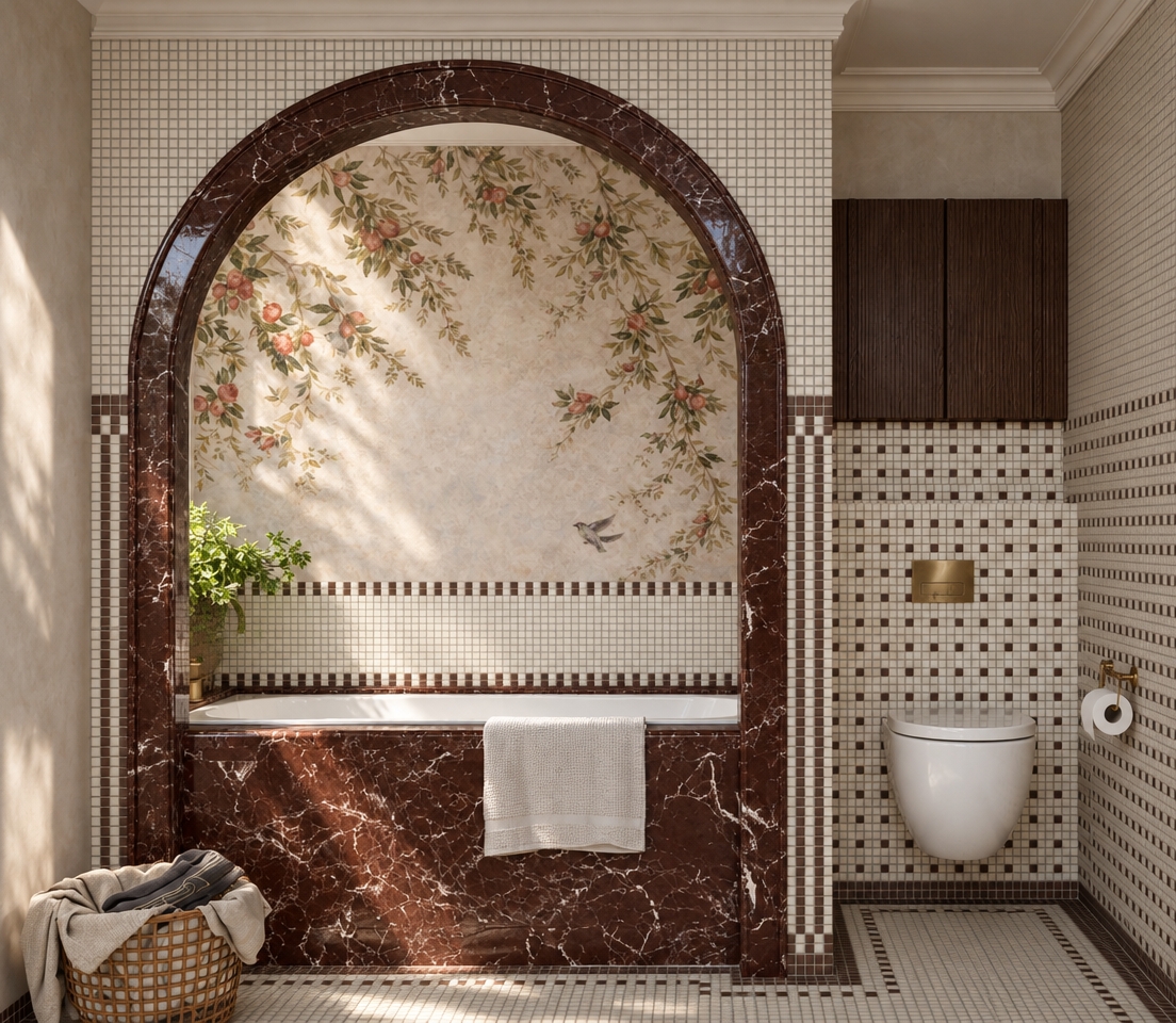 A straight-on architectural photograph captured in soft, directional morning daylight streaming from an unseen window above the bathtub plant, illuminating the floral wallpaper alcove, mosaic tiles, and fluted cabinet with gentle natural light and authentic shadows. The deep burgundy marble alcove and tub apron feature a polished, reflective finish with realistic organic white veining, contrasting against the matte texture of the grid mosaic tilework and plaster moldings. Polished brass hardware exhibits subtle specular glints, the wall-mounted white ceramic toilet shows clean glossy reflections, the dark wood fluted cabinet displays realistic fine grain, and the hanging towel reveals a soft, tactile cotton weave, all rendered with clean depth of field and natural interior lighting.