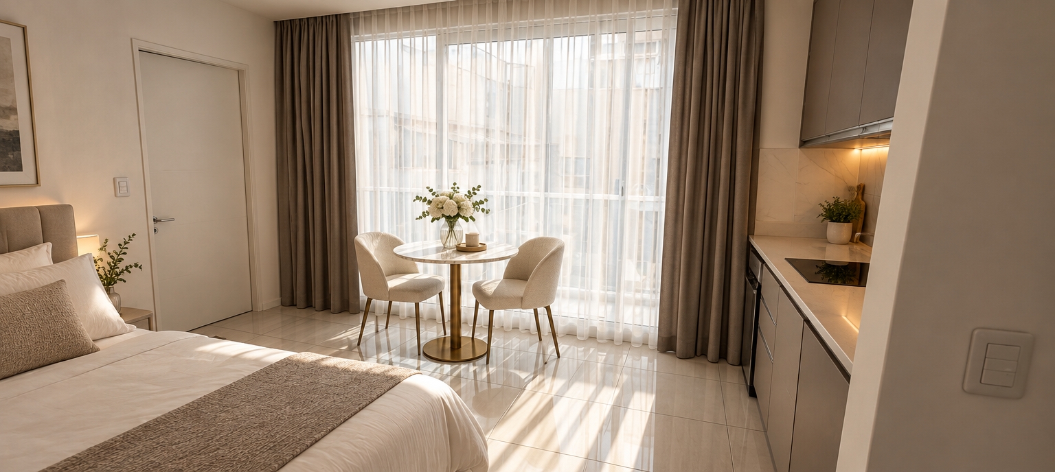 An incredibly lifelike, richly detailed, photorealistic wide-angle interior shot of a chic contemporary hotel suite set in a luminous urban setting. The scene is illuminated by bright afternoon sunlight diffused gently through sheer drapes and balanced by soft, warm recessed ceiling lights, creating a tranquil, sophisticated, and inviting atmosphere. Captured with a full-frame camera and a 24mm lens at f/4, emphasizing the rich tactile textures of fine woven linens, polished surfaces, and tailored upholstery.

The transformed bedroom features a fully dressed luxury bed layered with crisp, high-thread-count white linens and a plush upholstered headboard in a warm greige. Dressing the full span of the sliding glass balcony door are elegant double-track curtains: a semi-sheer, gauzy inner curtain that softly filters the city daylight across the entire glass expanse, flanked by floor-to-ceiling, heavy blackout draperies in deep taupe velvet that draw completely shut at night for total darkness and restful sleep. Positioned comfortably in the sunlit open area near the balcony is a stylish, hotel-style round bistro table with a honed marble top and slim brass base, paired with two contemporary curved dining chairs upholstered in textured boucle, centered with a delicate fluted glass vase of fresh white florals and a minimalist ceramic tray. To the right, the compact kitchenette is elevated with seamless matte-finish cabinetry, a polished quartz countertop, and integrated appliances, bringing an effortless harmony of boutique comfort and modern luxury to the entire space.