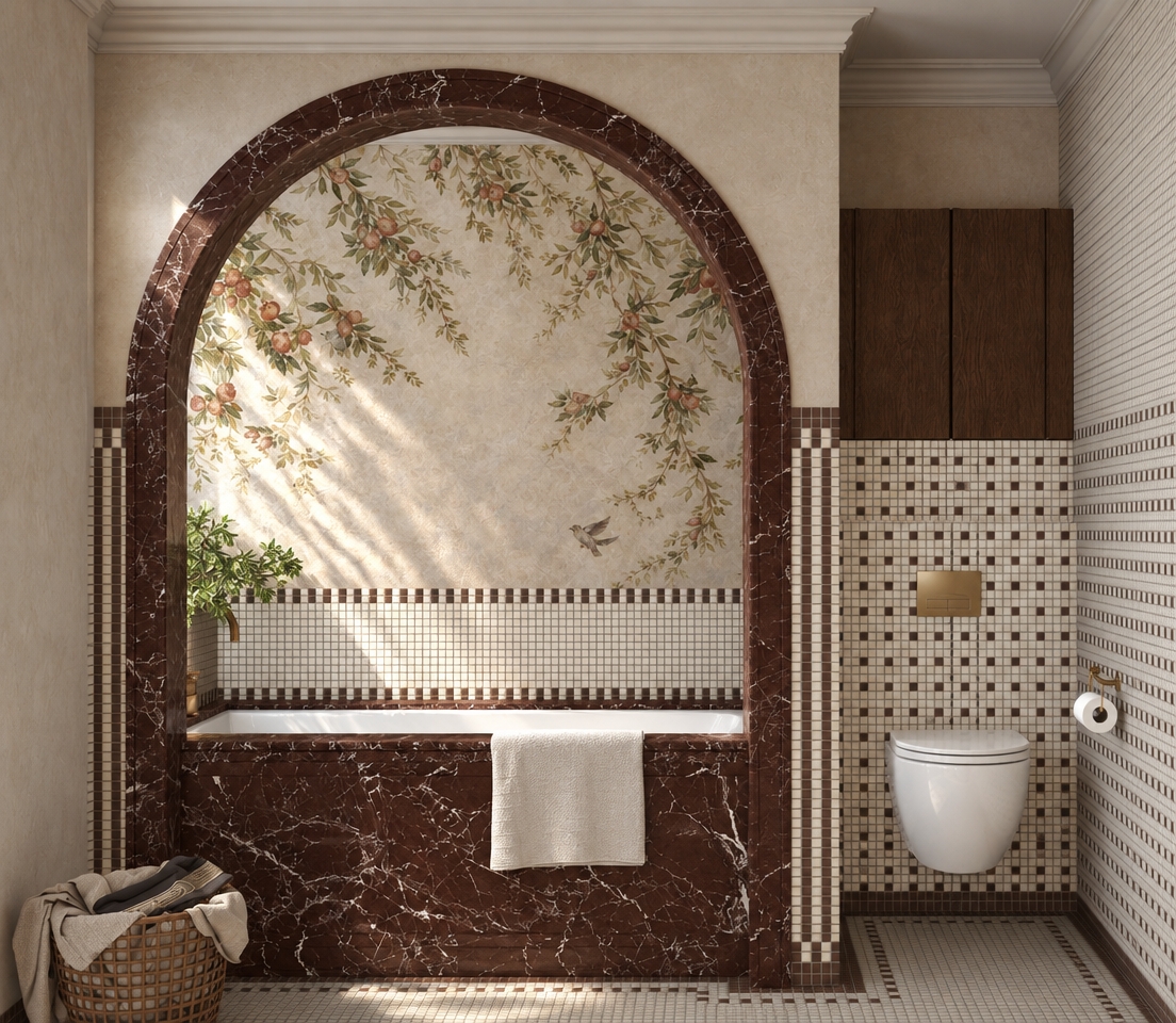 An architectural photograph of the bathroom preserving the exact structure and composition, illuminated by soft natural daylight entering from a high window above the plant in the arched tub alcove, casting gentle highlights across the deep burgundy veined marble and softly lighting the toilet area and dark wood cabinet. The surfaces exhibit authentic micro-textures, including the matte plaster finish of the botanical mural, fine grout within the mosaic tilework, crisp reflections on the polished porcelain, and woven fibers of the laundry basket. Captured with a straight-on perspective, balanced interior exposure, natural shadow roll-off, and subtle photographic grain for realistic depth.