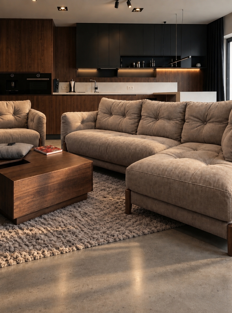 An incredibly lifelike, richly detailed, ultra-photorealistic high-end interior architectural photograph with extraordinary physical realism, natural material definition, realistic light behavior, authentic photographic depth, subtle imperfections and exceptional photographic credibility. The image must look indistinguishable from a real luxury interior photograph captured with a professional full-frame camera, with beautifully controlled tonal depth, realistic reflections, tactile surfaces, natural shadows and sophisticated dark-luxury atmosphere.