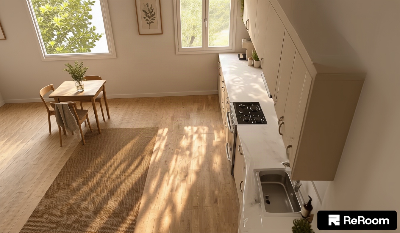A photorealistic, eye-level photograph capturing the identical kitchen layout in warm, inviting morning light. Golden sunlight gently filters through the left window, casting soft shadows across the wooden floor and creating warm highlights on the beige cabinetry and white countertops. Surface materials exhibit authentic physical textures, including subtle wood grain, soft satin finishes with faint micro-scratches on cabinet handles, and natural reflections in the stainless steel sink and oven glass. The atmosphere feels cozy and lived-in, balanced by delicate ambient fill light, realistic depth of field, gentle lens vignetting, and faint film grain.