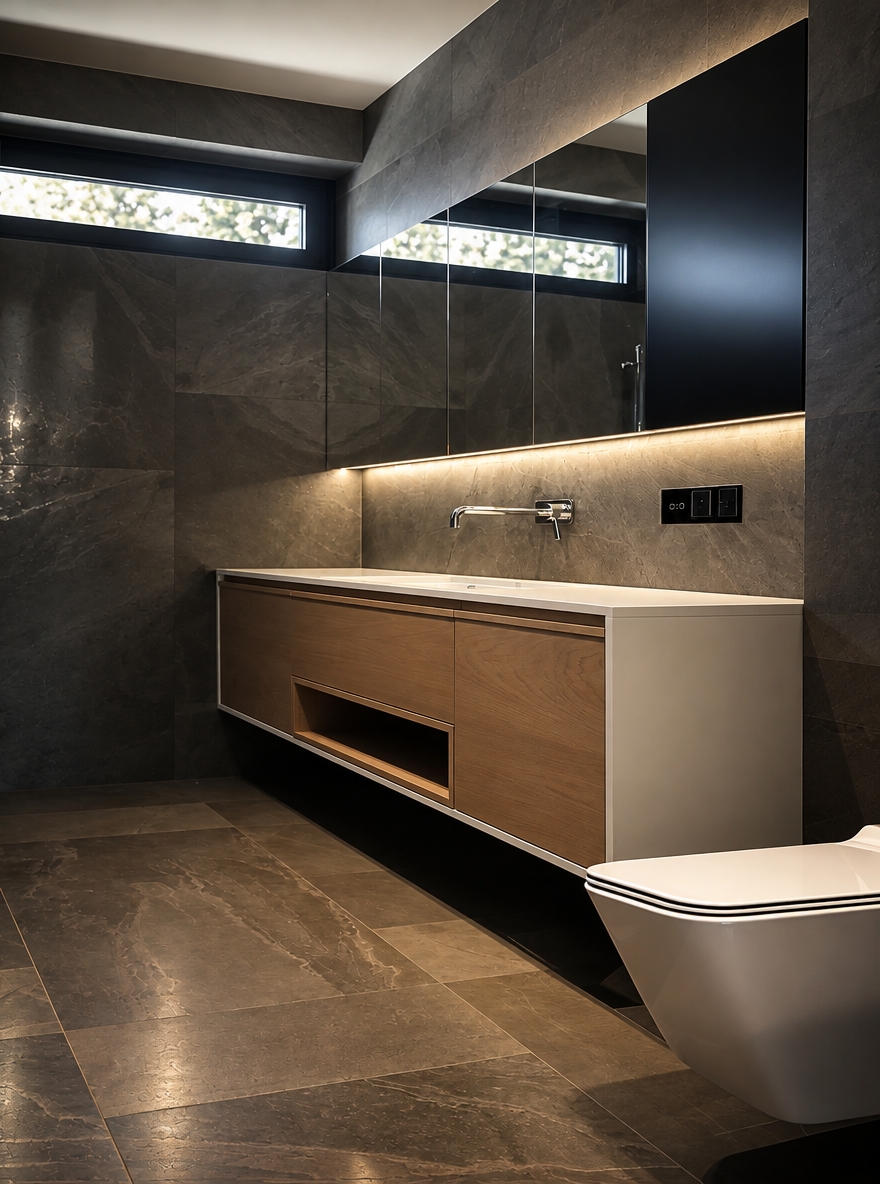 An incredibly lifelike, richly detailed, ultra-photorealistic high-end interior architectural photograph with extraordinary physical realism, natural material definition, realistic light behavior, authentic photographic depth, subtle imperfections and exceptional photographic credibility. The image must look indistinguishable from a real luxury interior photograph captured with a professional full-frame camera, with beautifully controlled tonal depth, realistic reflections, tactile surfaces, natural shadows and sophisticated dark-luxury atmosphere.