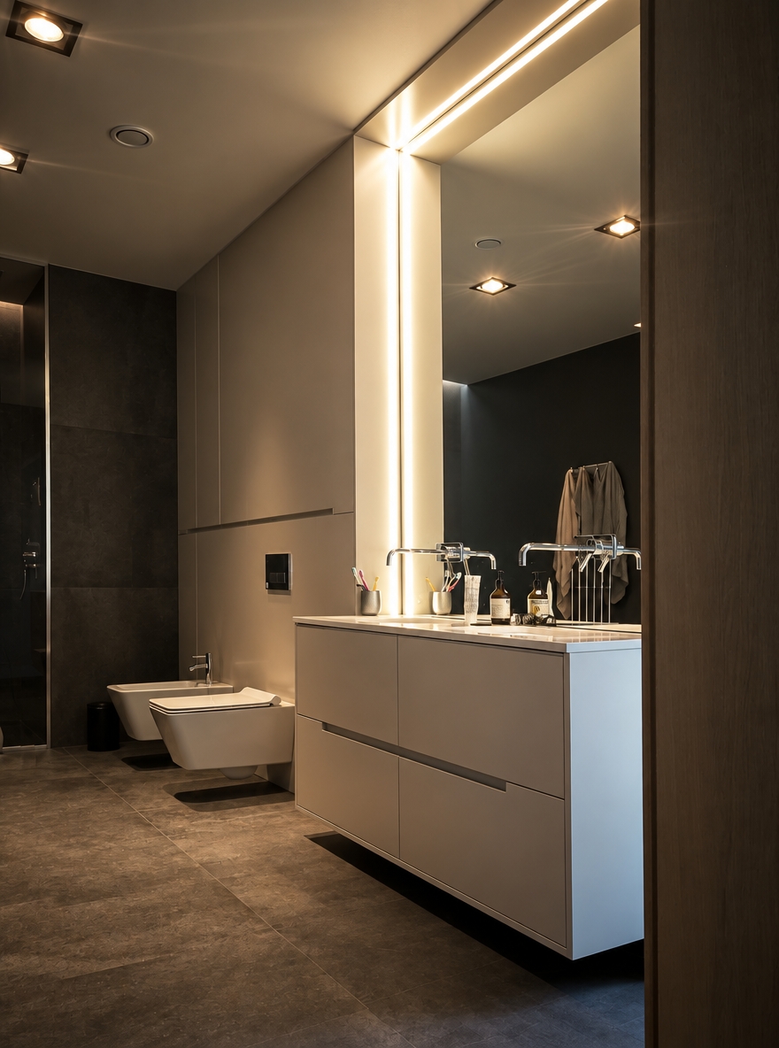 An incredibly lifelike, richly detailed, ultra-photorealistic high-end interior architectural photograph with extraordinary physical realism, natural material definition, realistic light behavior, authentic photographic depth, subtle imperfections and exceptional photographic credibility. The image must look indistinguishable from a real luxury interior photograph captured with a professional full-frame camera, with beautifully controlled tonal depth, realistic reflections, tactile surfaces, natural shadows and sophisticated dark-luxury atmosphere.